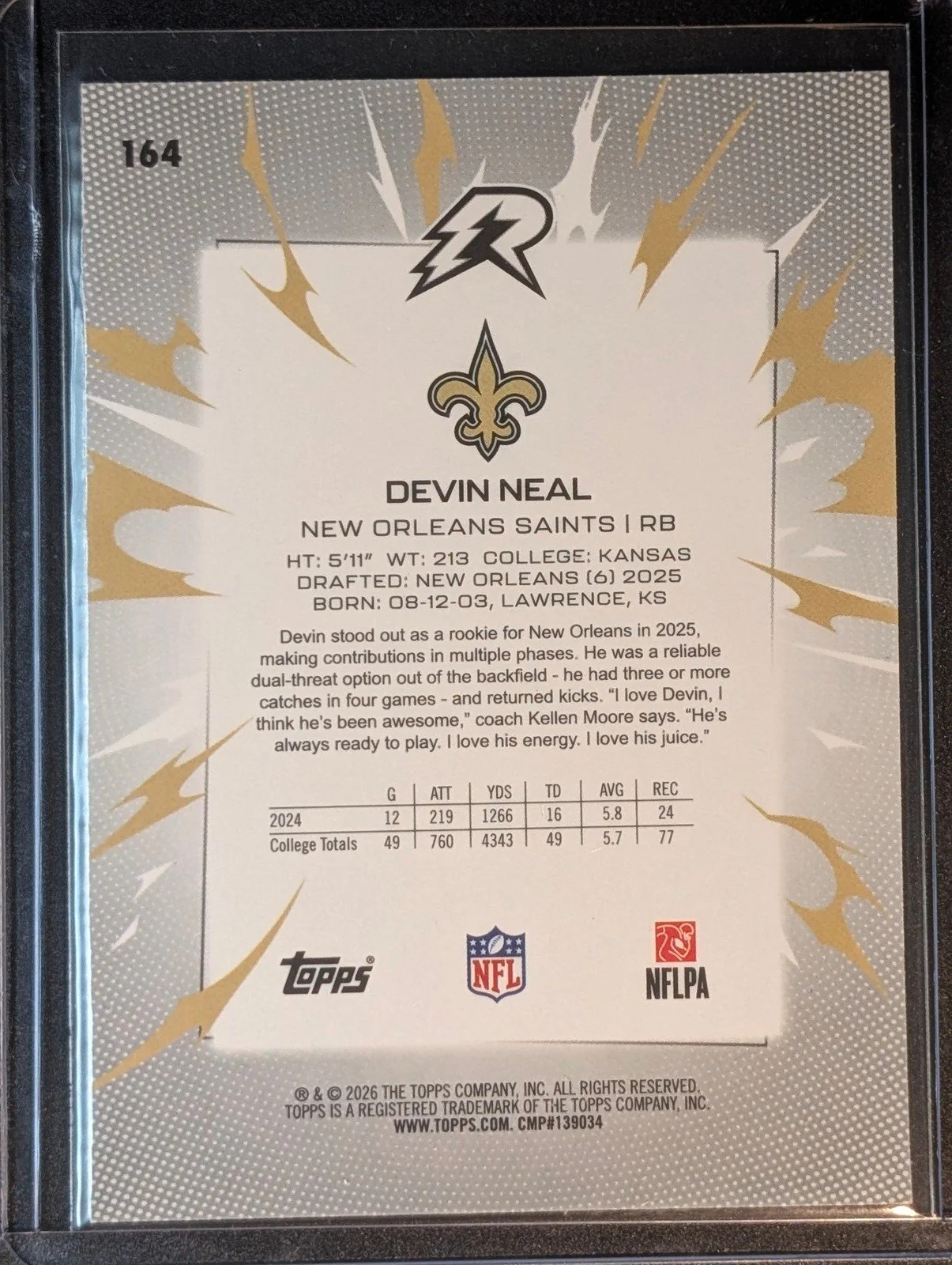 Back of 2025 Topps Resurgence #164 Devin Neal Rookie