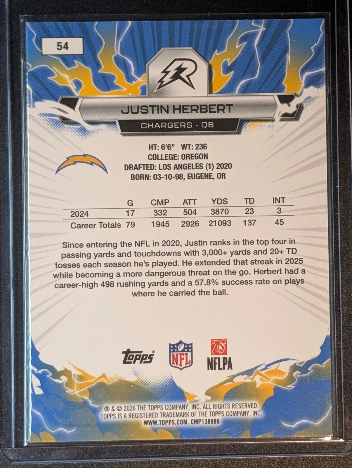 Back of 2025 Topps Resurgence #54 Justin Herbert