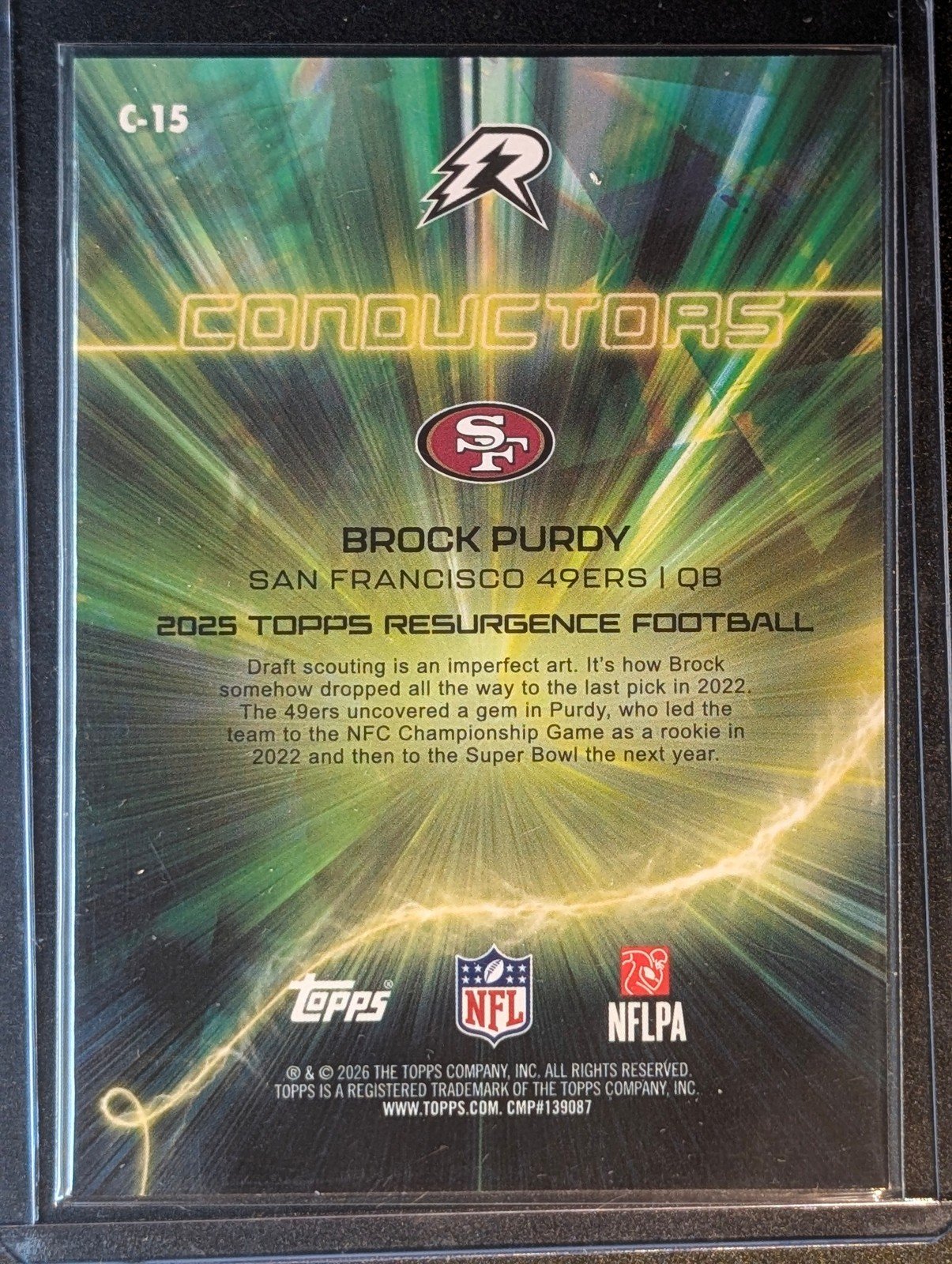 Back of 2025 Topps Resurgence #C-15 Brock Purdy Conductors