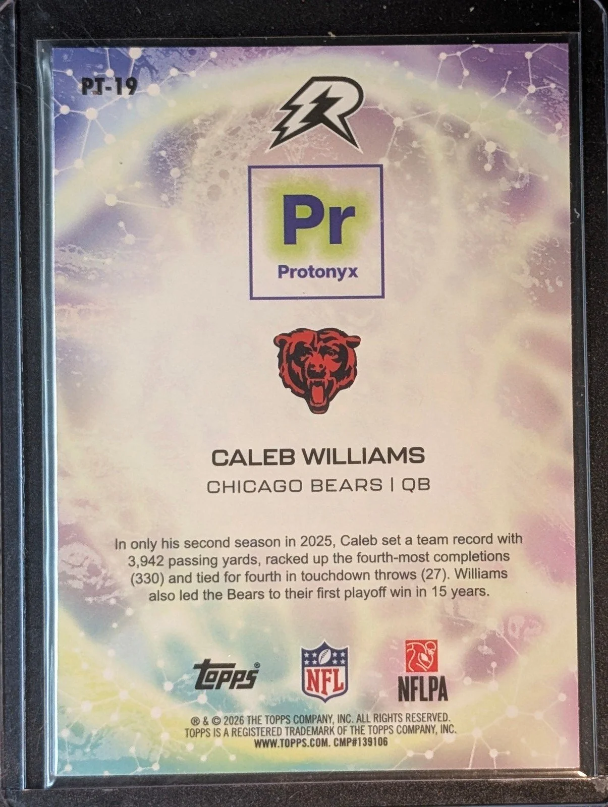Back of 2025 Topps Resurgence #PT-19 Caleb Williams Protonyx