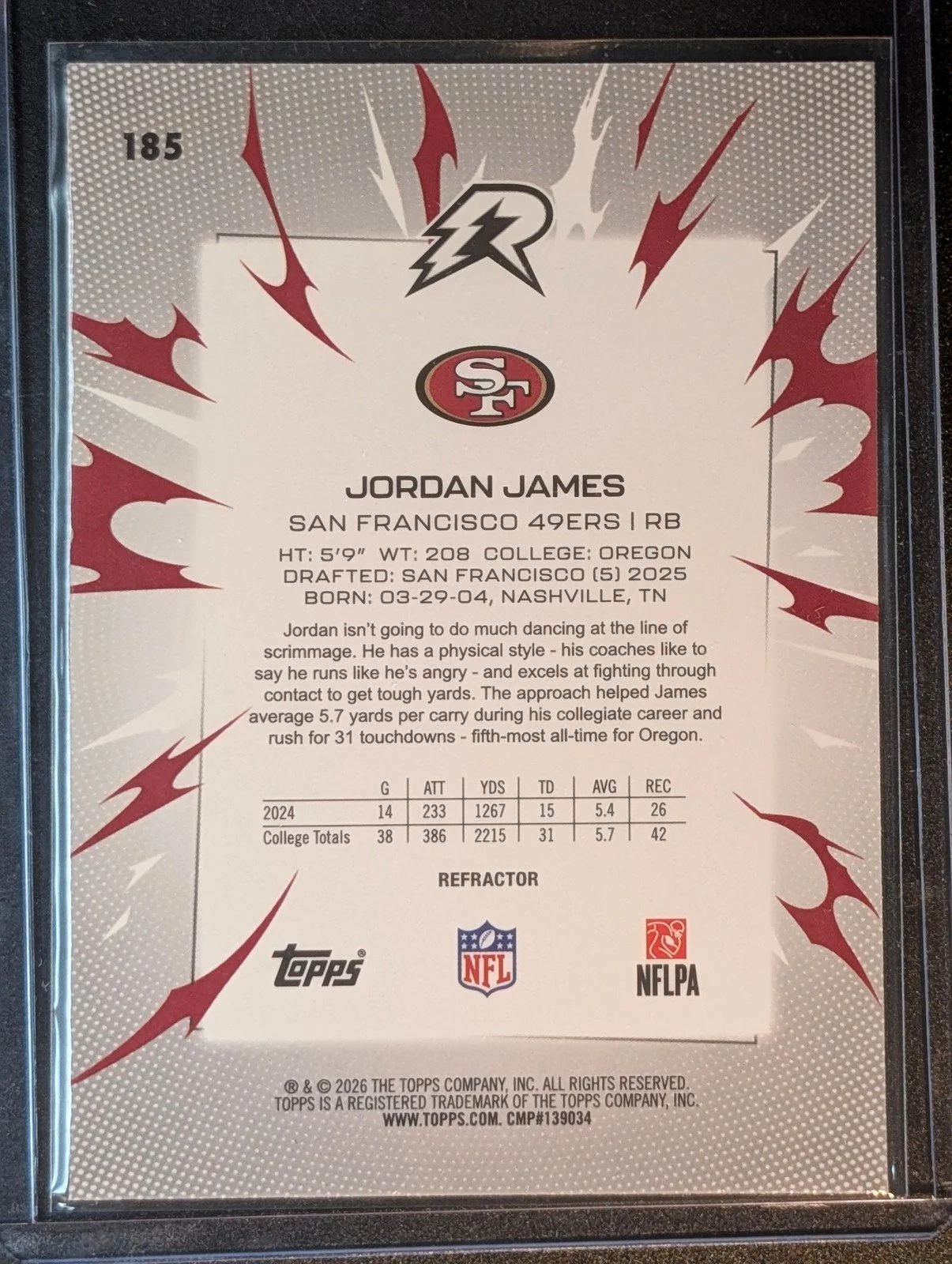 Back of 2025 Topps Resurgence #185 Jordan James Refractor
