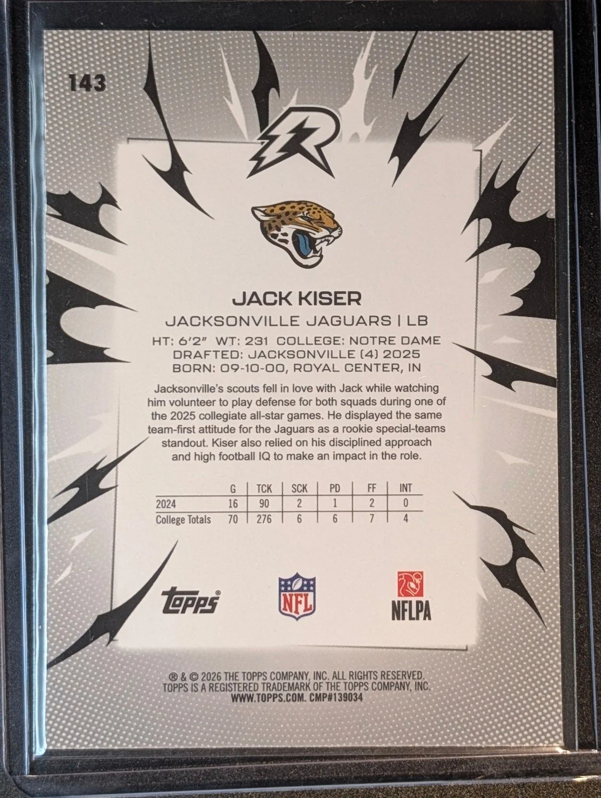 Back of 2025 Topps Resurgence #143 Jack Kiser