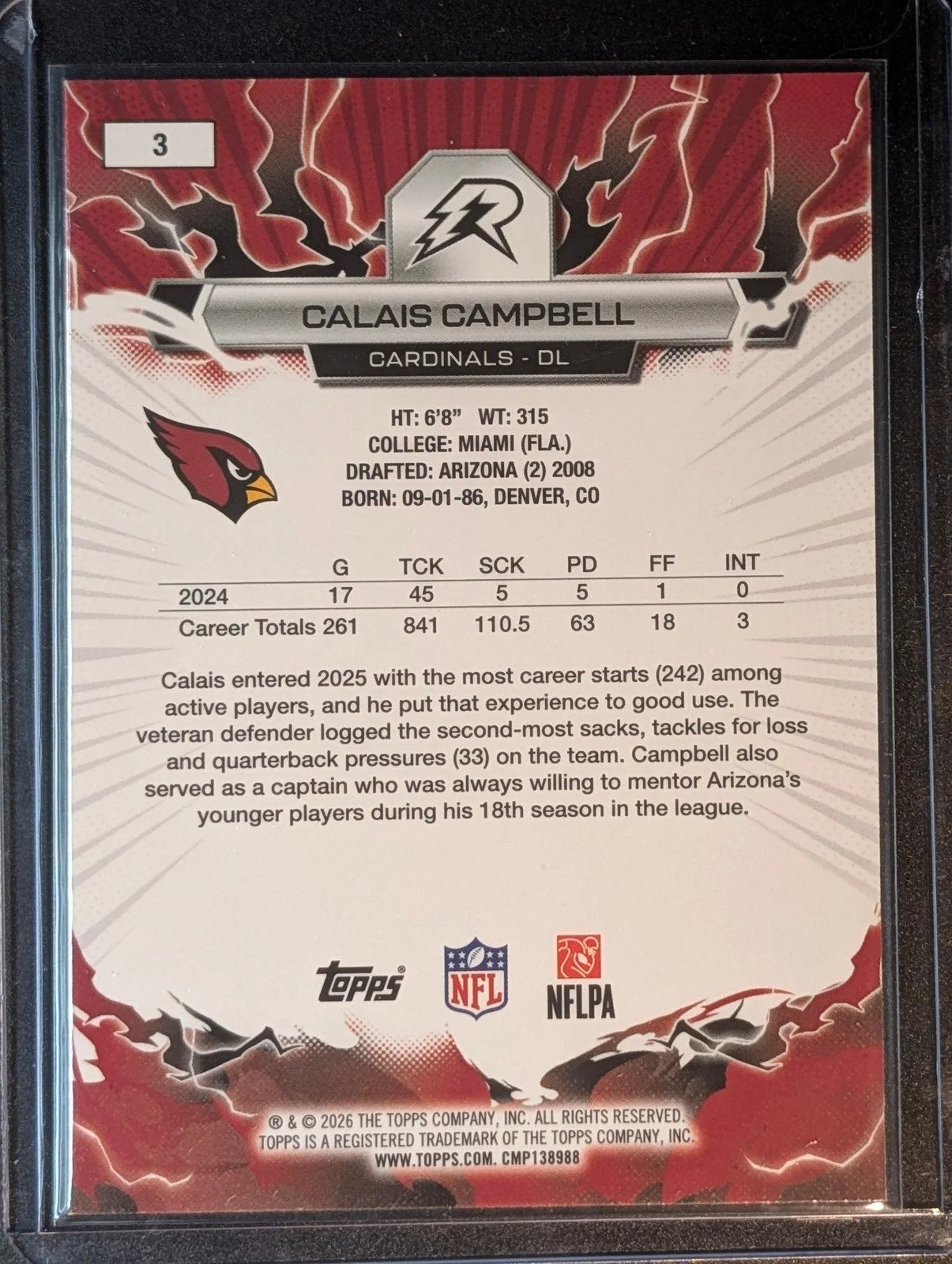 Back of 2025 Topps Resurgence #3 Calais Campbell