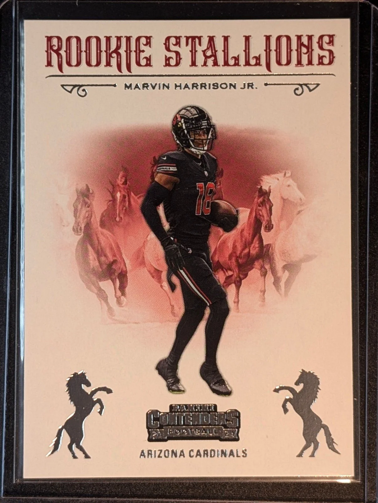 Front of 2024 Panini Contenders #5 Marvin Harrison Jr. Rookie Stallions Red Rookie