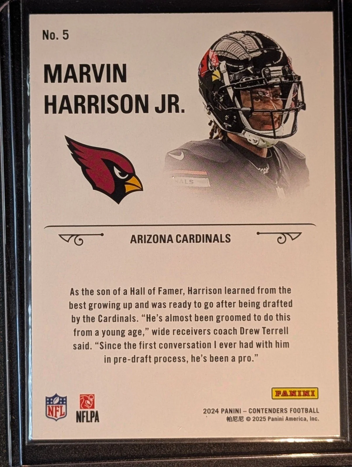 Back of 2024 Panini Contenders #5 Marvin Harrison Jr. Rookie Stallions Red Rookie