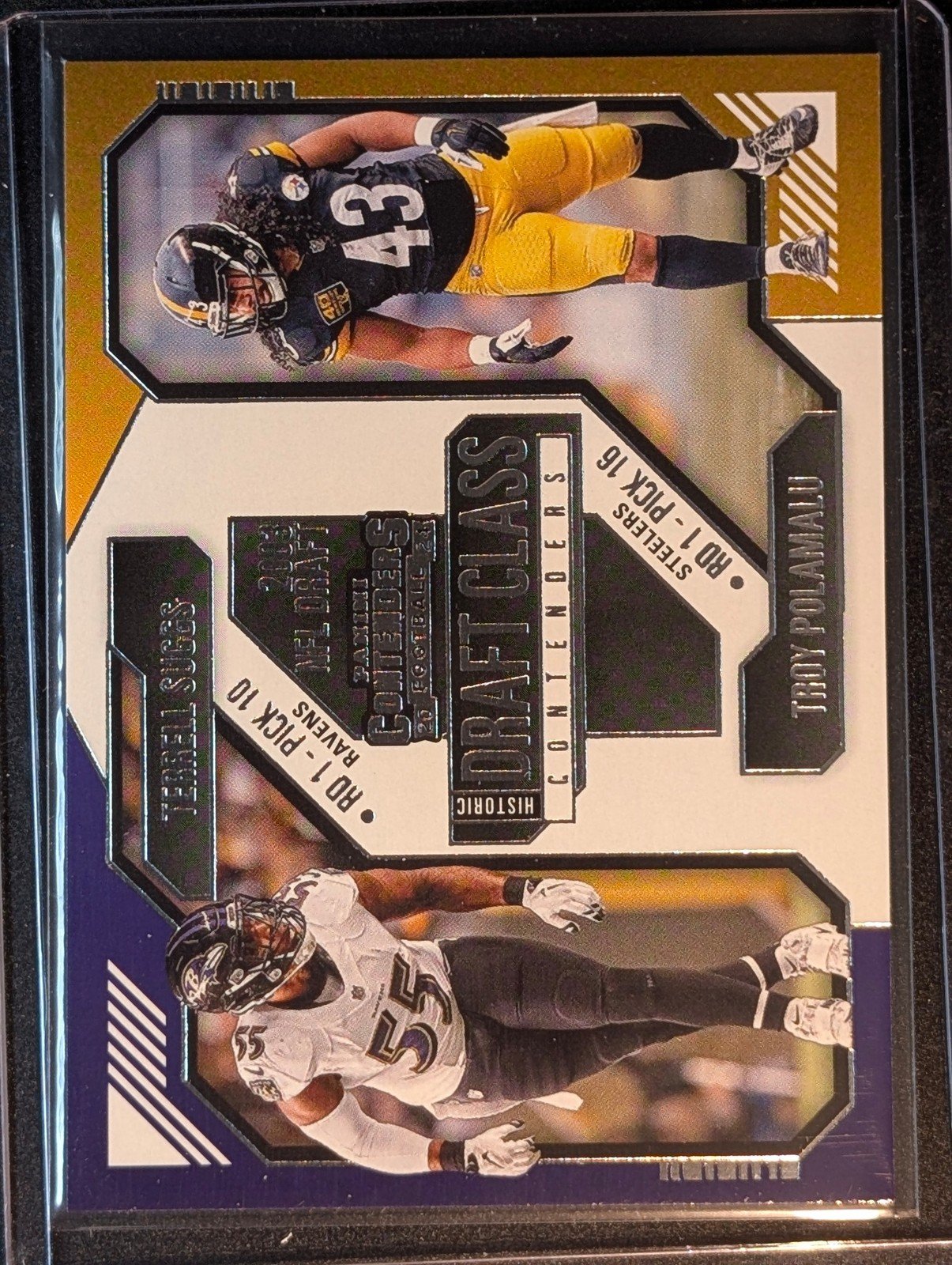 Front of 2024 Panini Contenders #20 Suggs / Polamalu Historic Draft Class Contenders Red