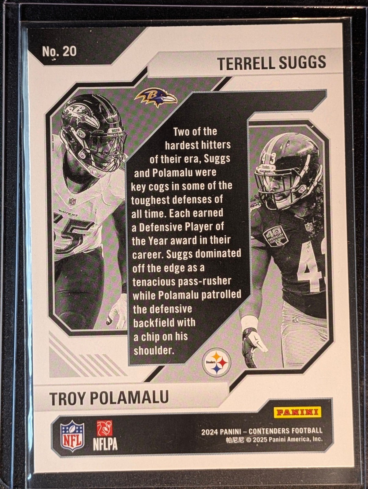 Back of 2024 Panini Contenders #20 Suggs / Polamalu Historic Draft Class Contenders Red