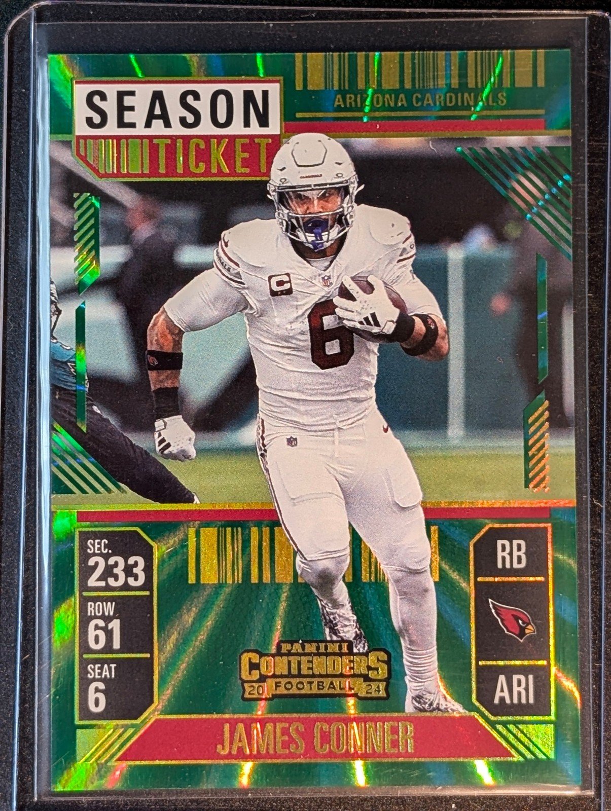 Front of 2024 Panini Contenders #2 James Conner Green Lazer