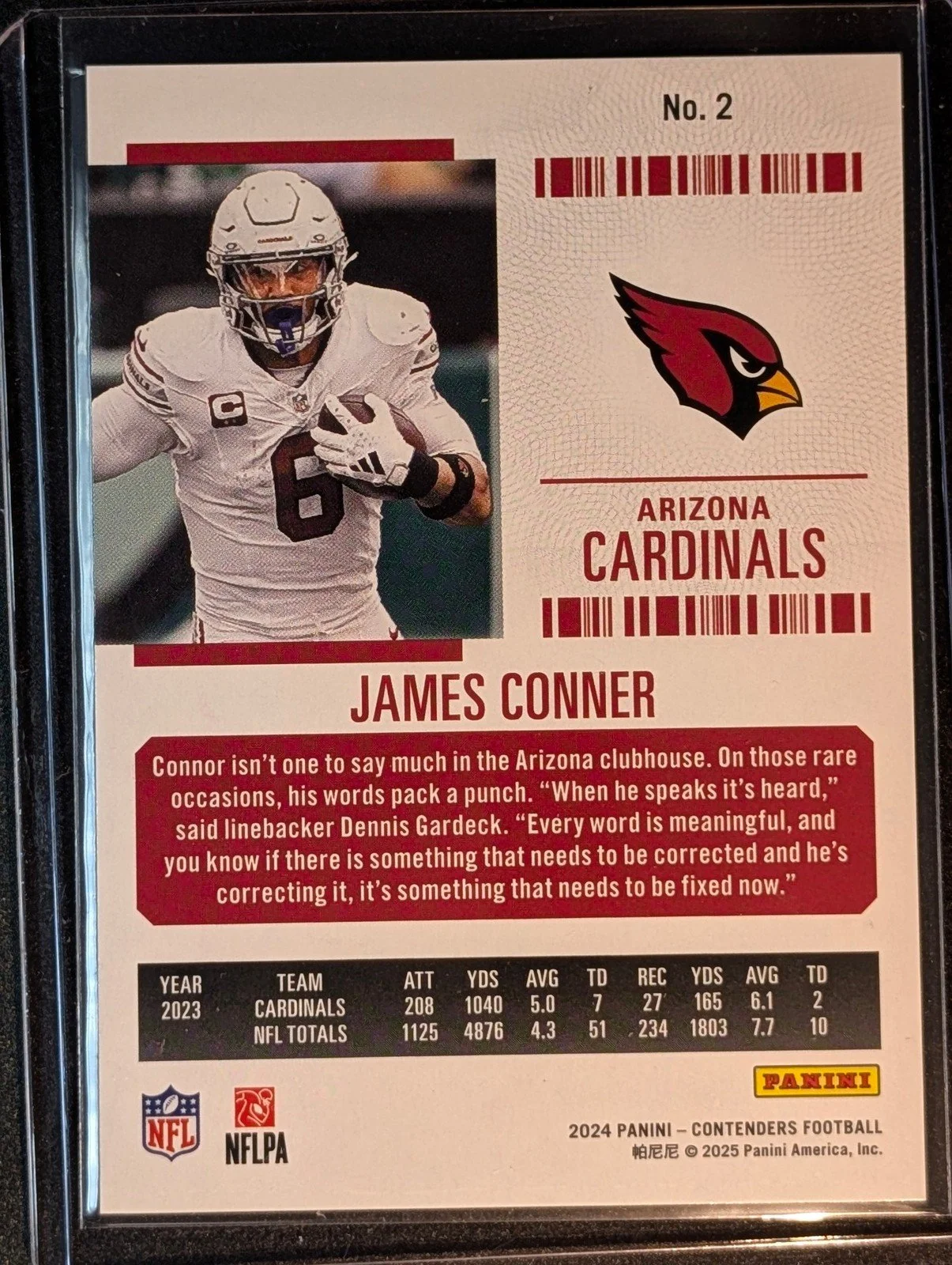 Back of 2024 Panini Contenders #2 James Conner Green Lazer