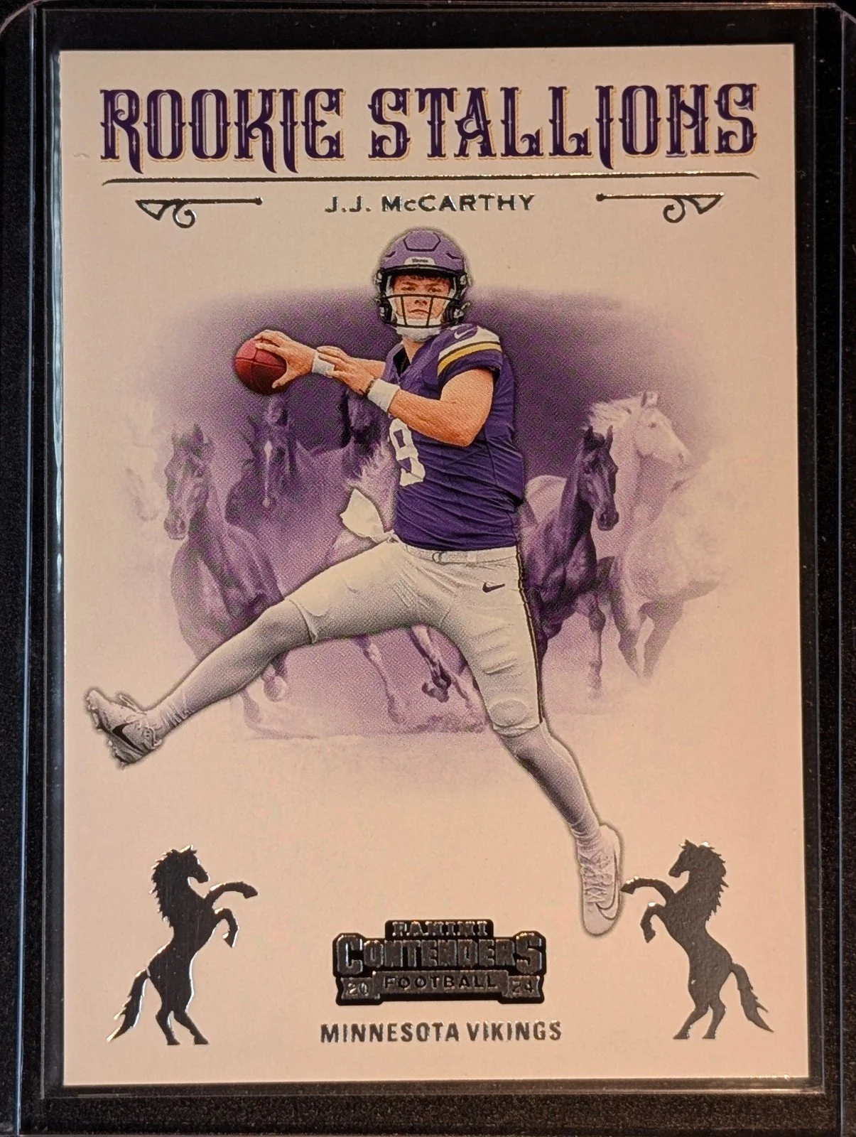 Front of 2024 Panini Contenders #9 J.J. McCarthy Rookie Stallions