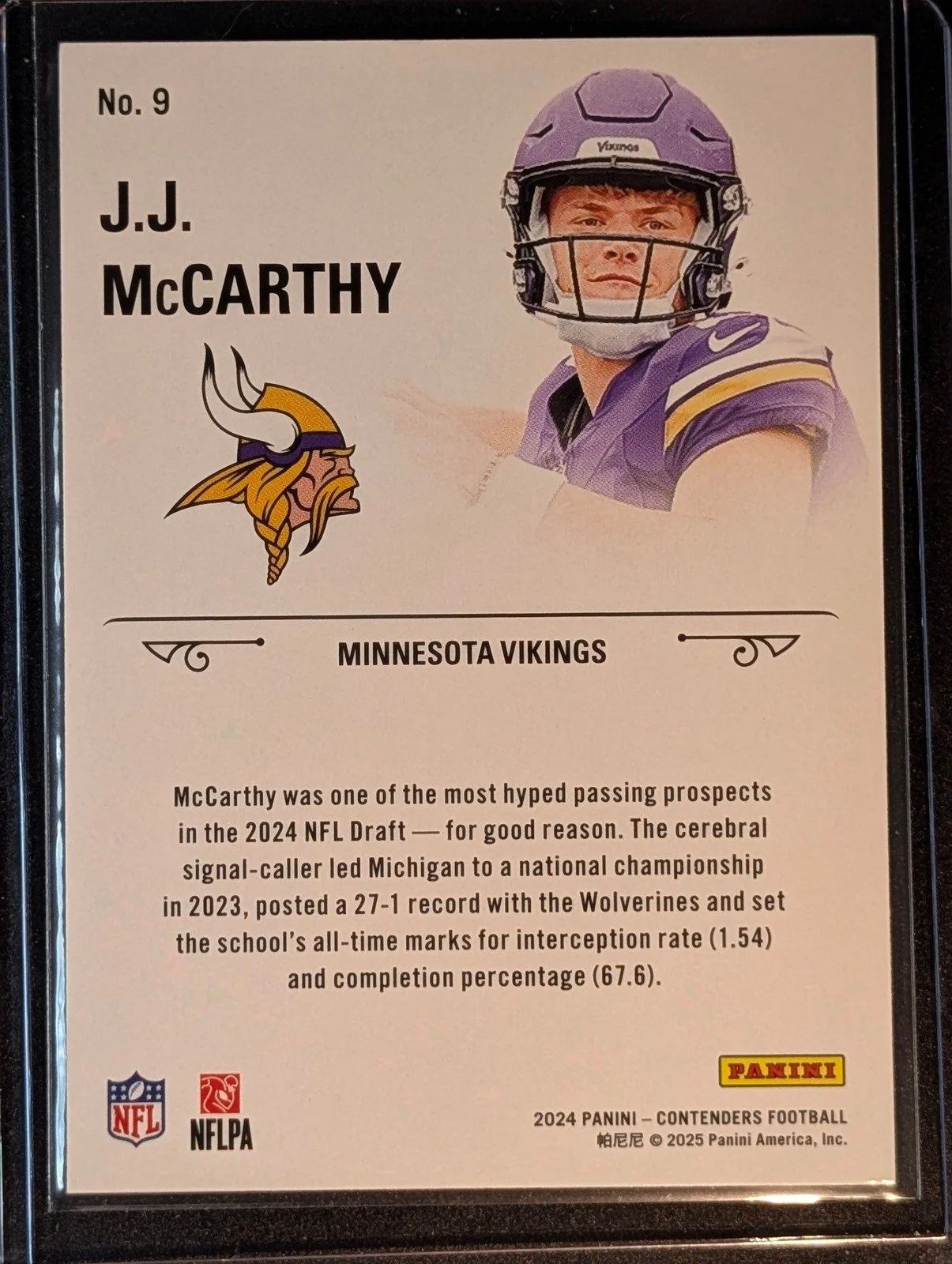 Back of 2024 Panini Contenders #9 J.J. McCarthy Rookie Stallions
