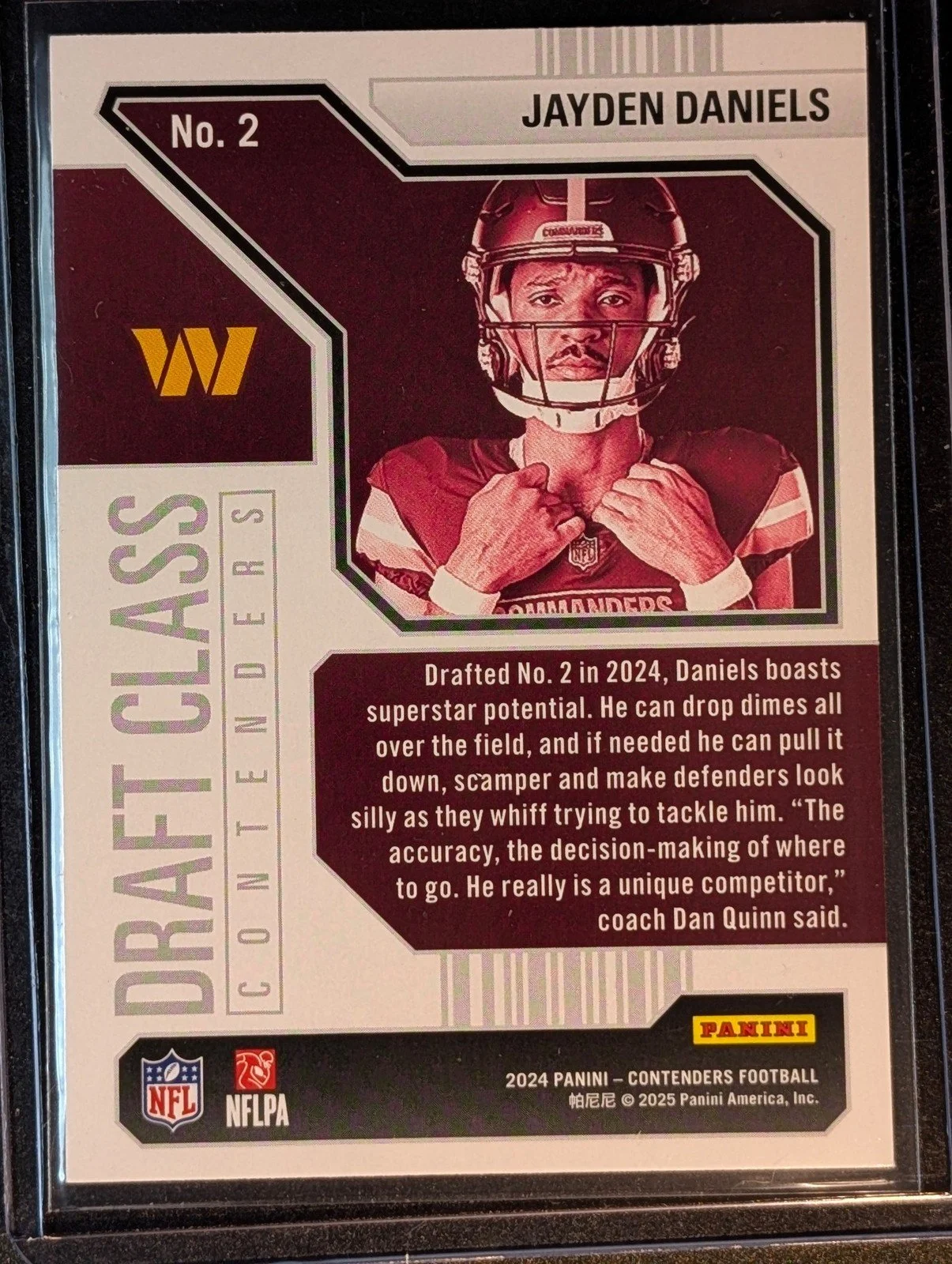 Back of 2024 Panini Contenders #2 Jayden Daniels Draft Class Contenders Rookie