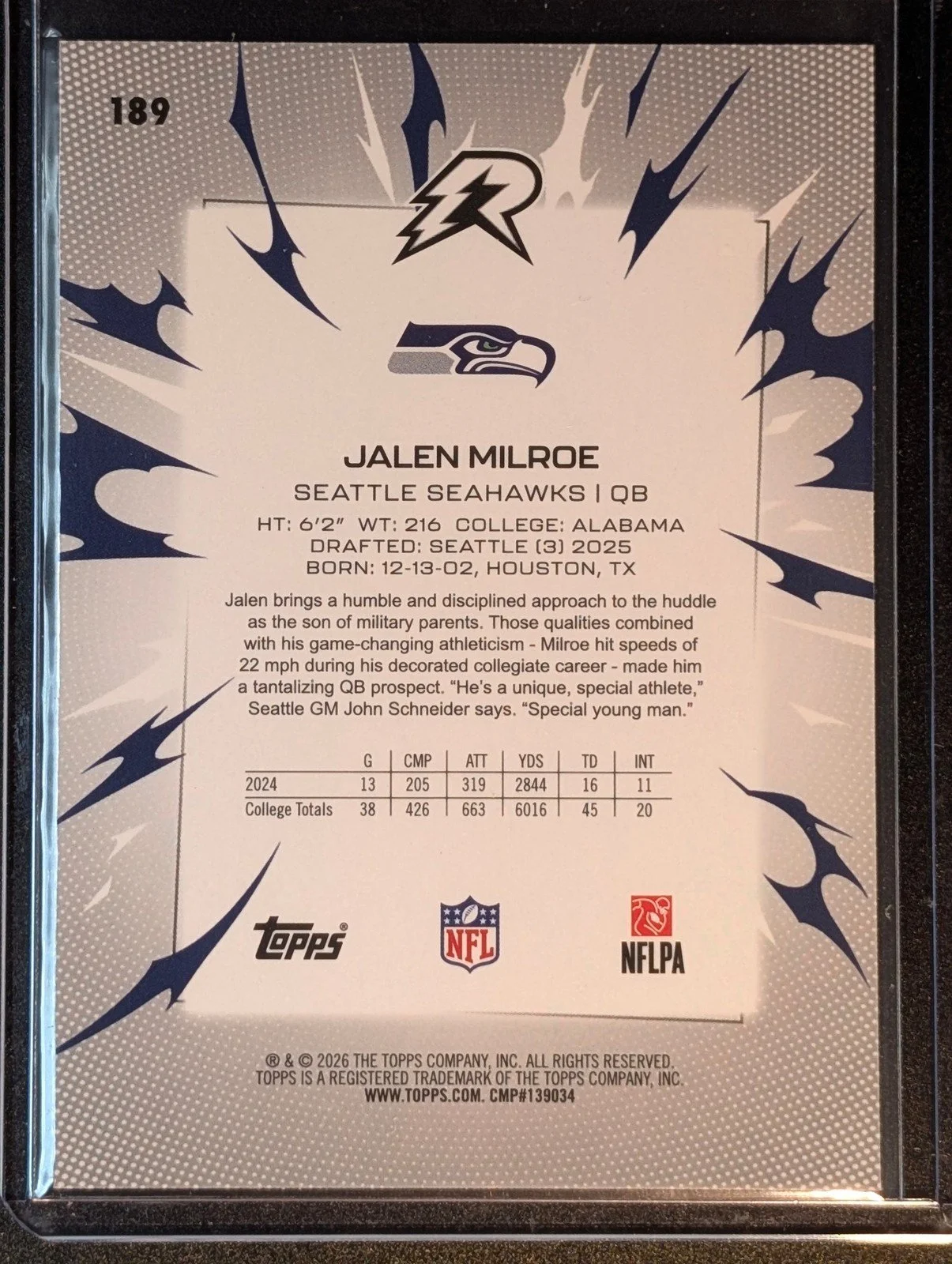 Back of 2025 Topps Resurgence #189 Jalen Milroe Rookie