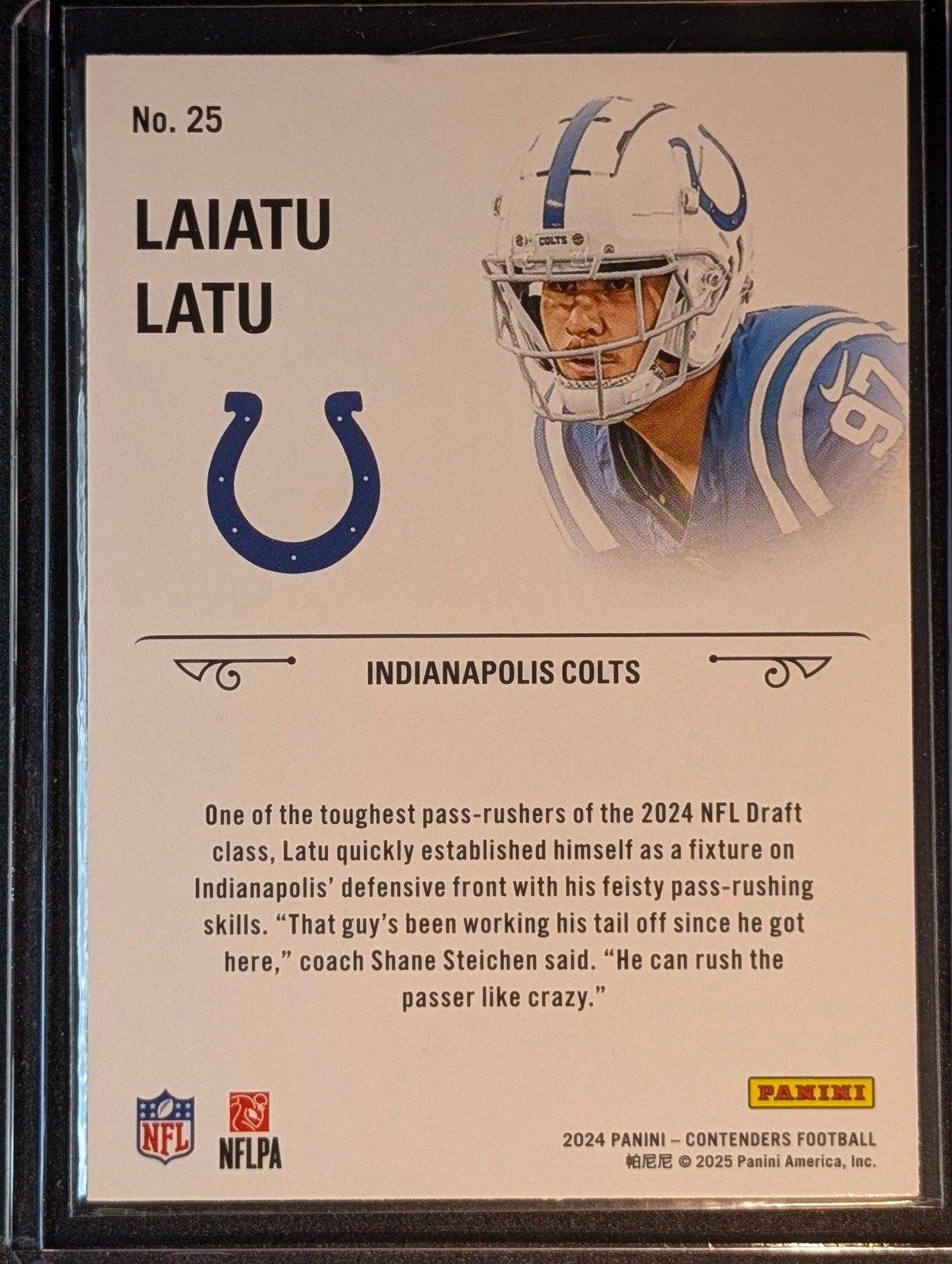 Back of 2024 Panini Contenders #25 Laiatu Latu Rookie Stallions