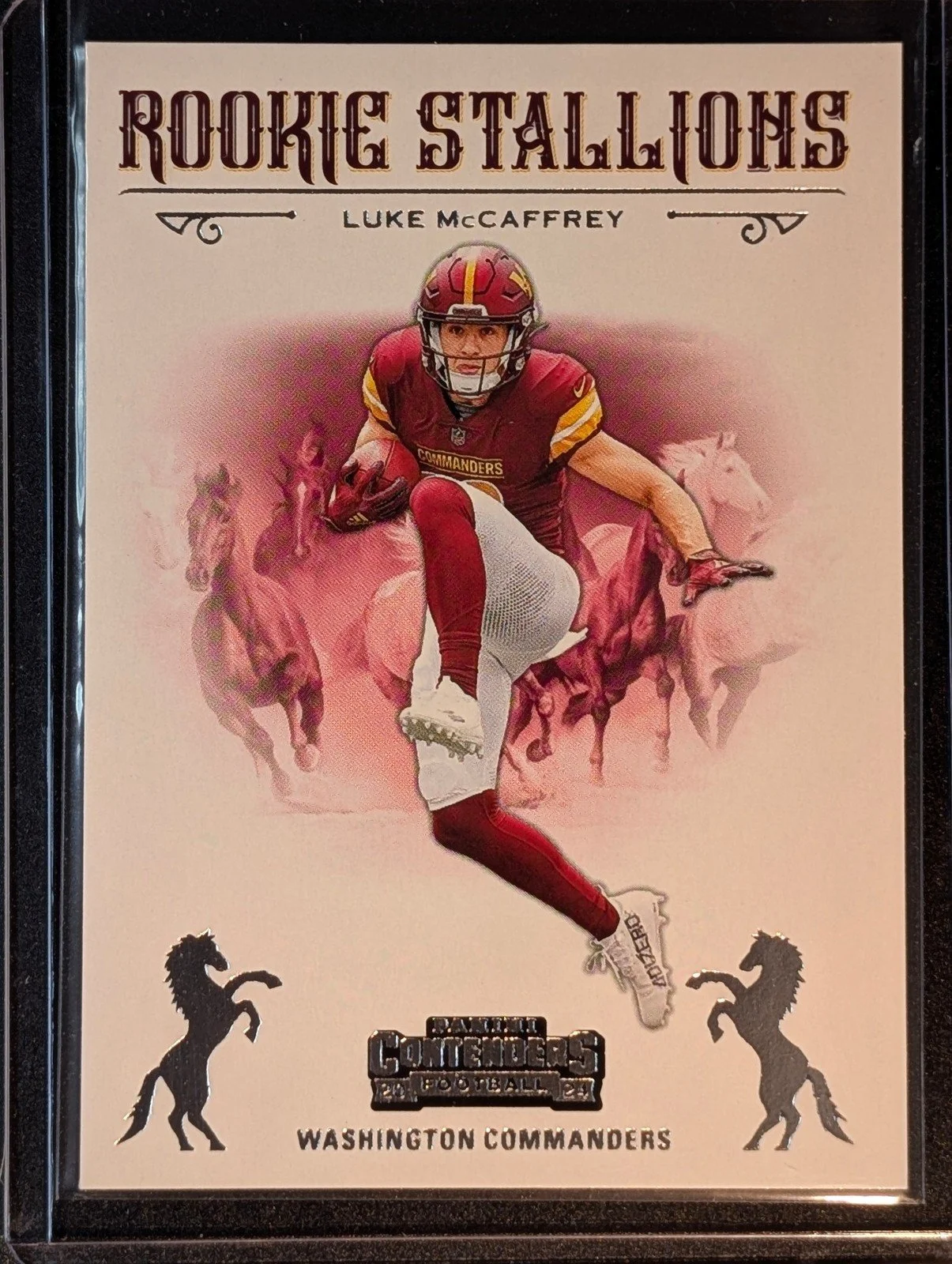 Front of 2024 Panini Contenders #20 Luke McCaffrey Rookie Stallions