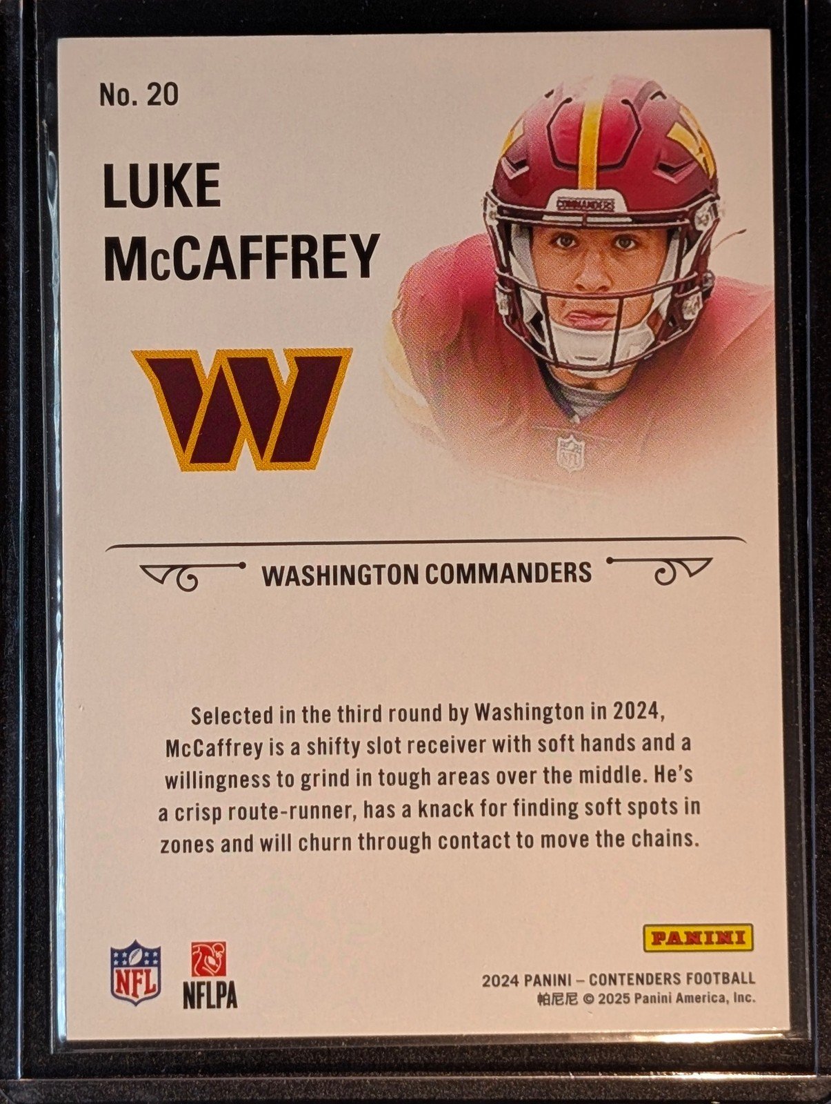 Back of 2024 Panini Contenders #20 Luke McCaffrey Rookie Stallions