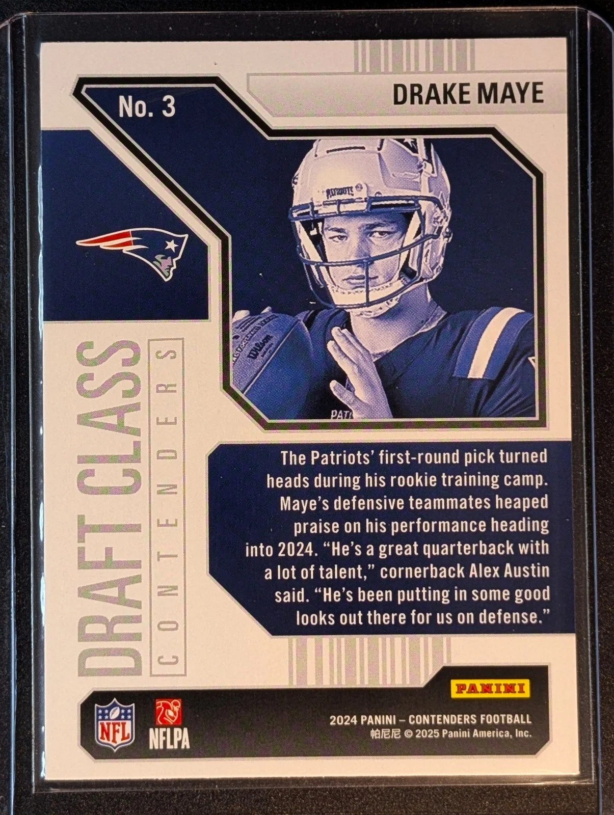 Back of 2024 Panini Contenders #3 Drake Maye Draft Class Contenders Rookie