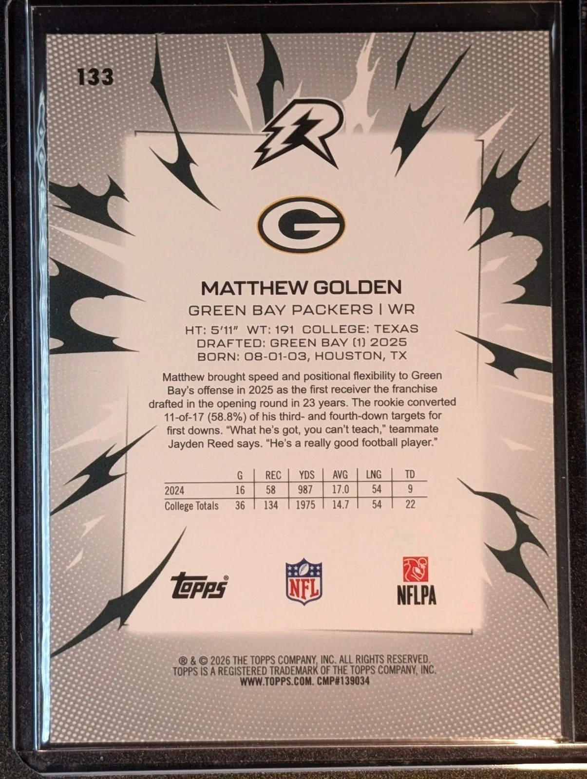 Back of 2025 Topps Resurgence #133 Matthew Golden Rookie