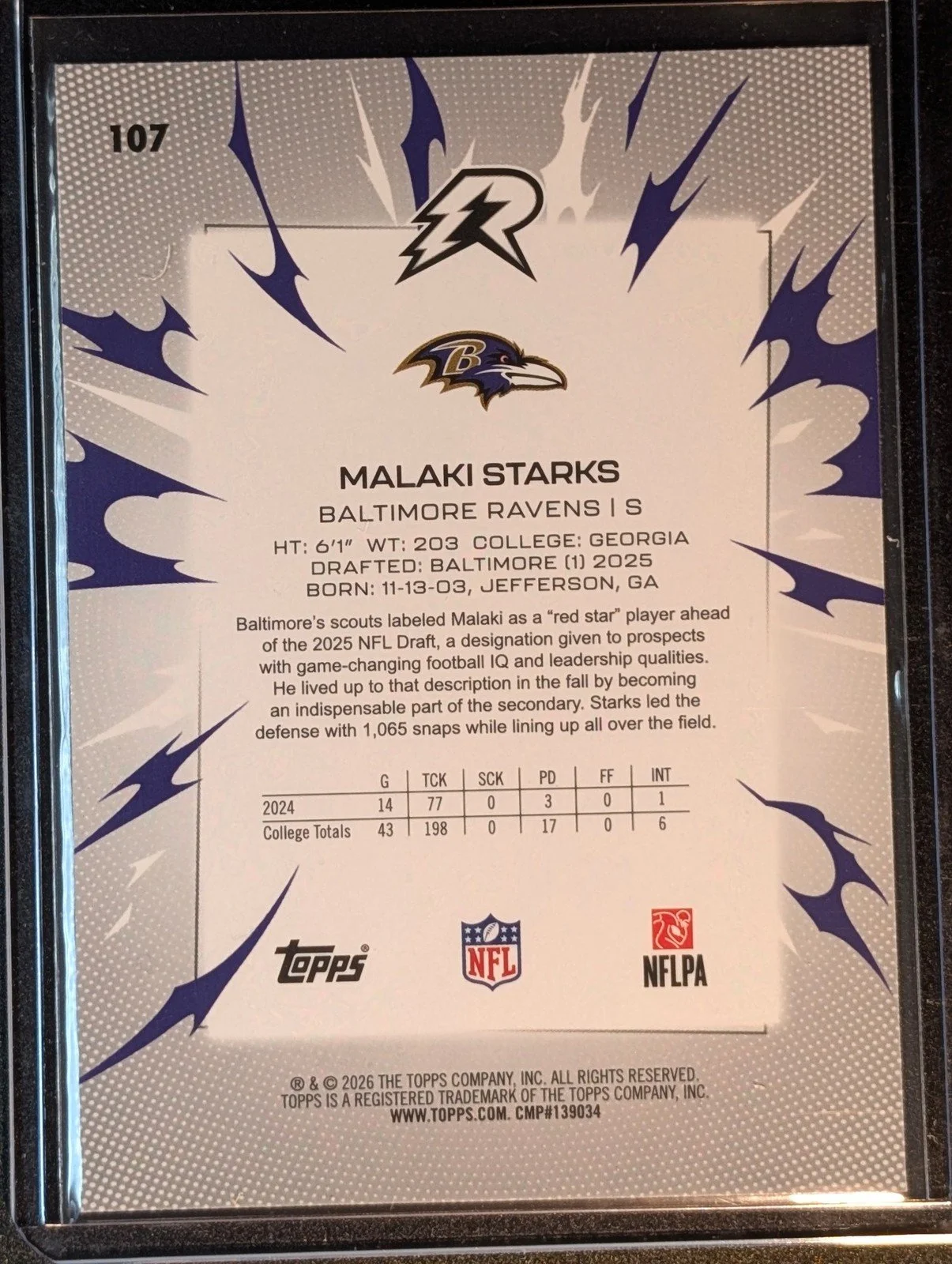 Back of 2025 Topps Resurgence #107 Malaki Starks Rookie