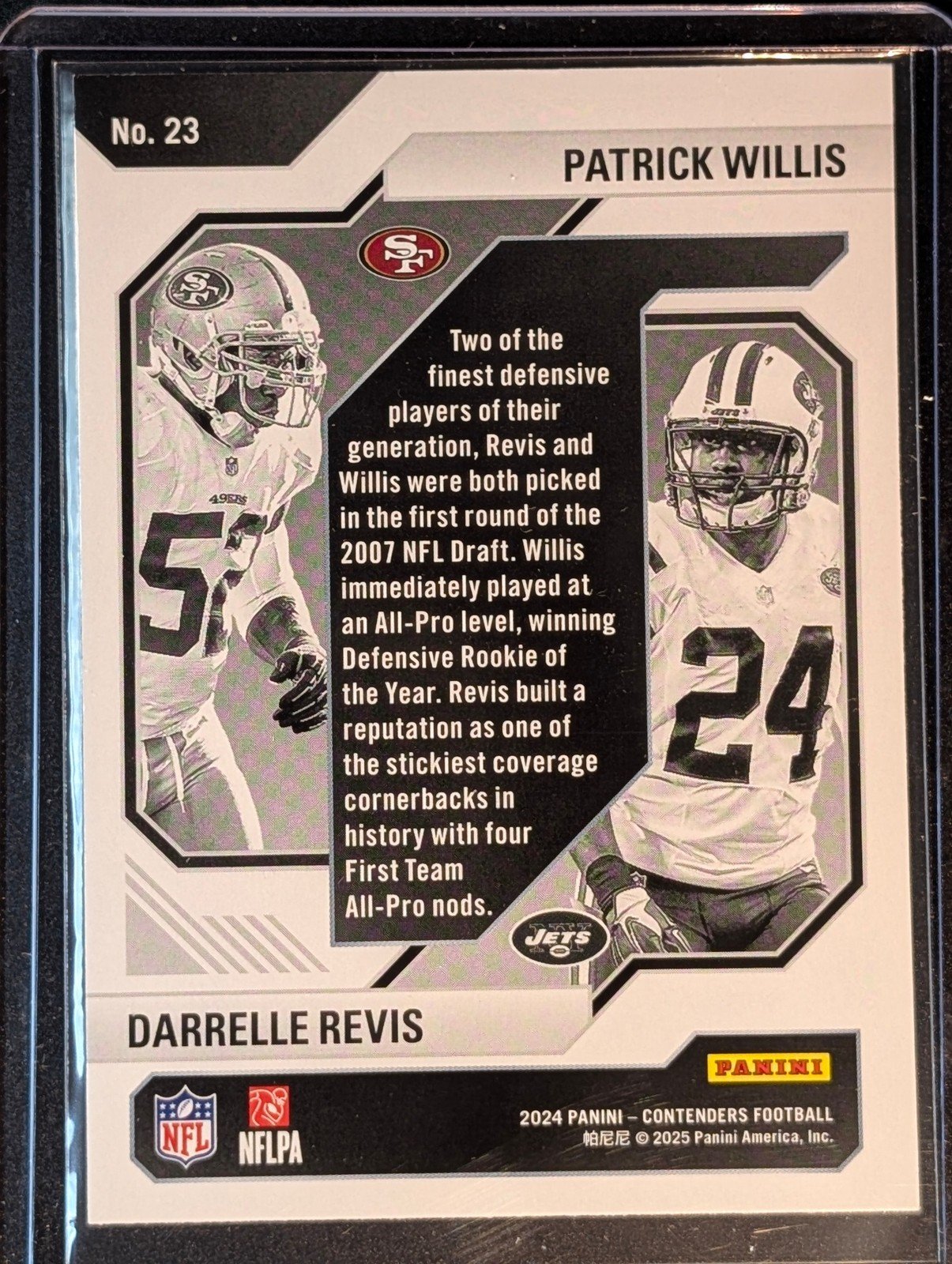 Back of 2024 Panini Contenders #23 Revis / Willis Historic Draft Class Contenders