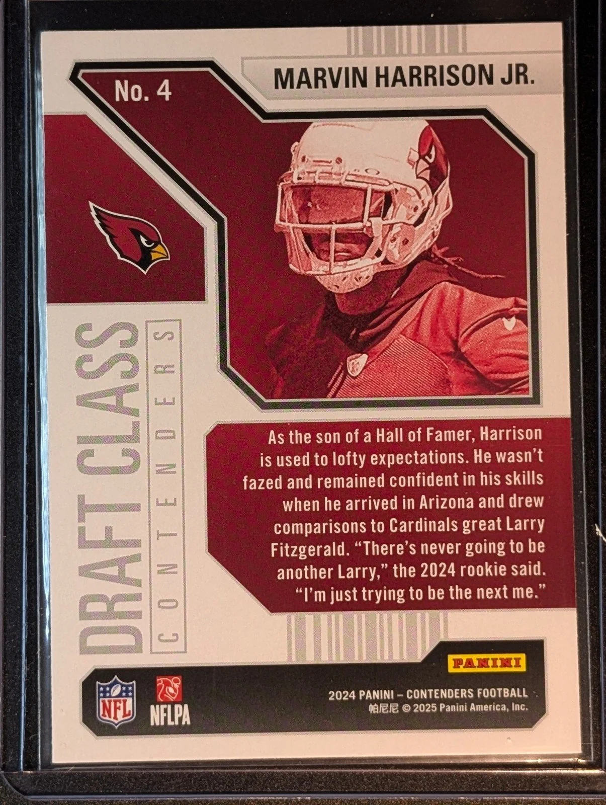 Back of 2024 Panini Contenders #4 Marvin Harrison Jr. Draft Class Contenders Red Rookie