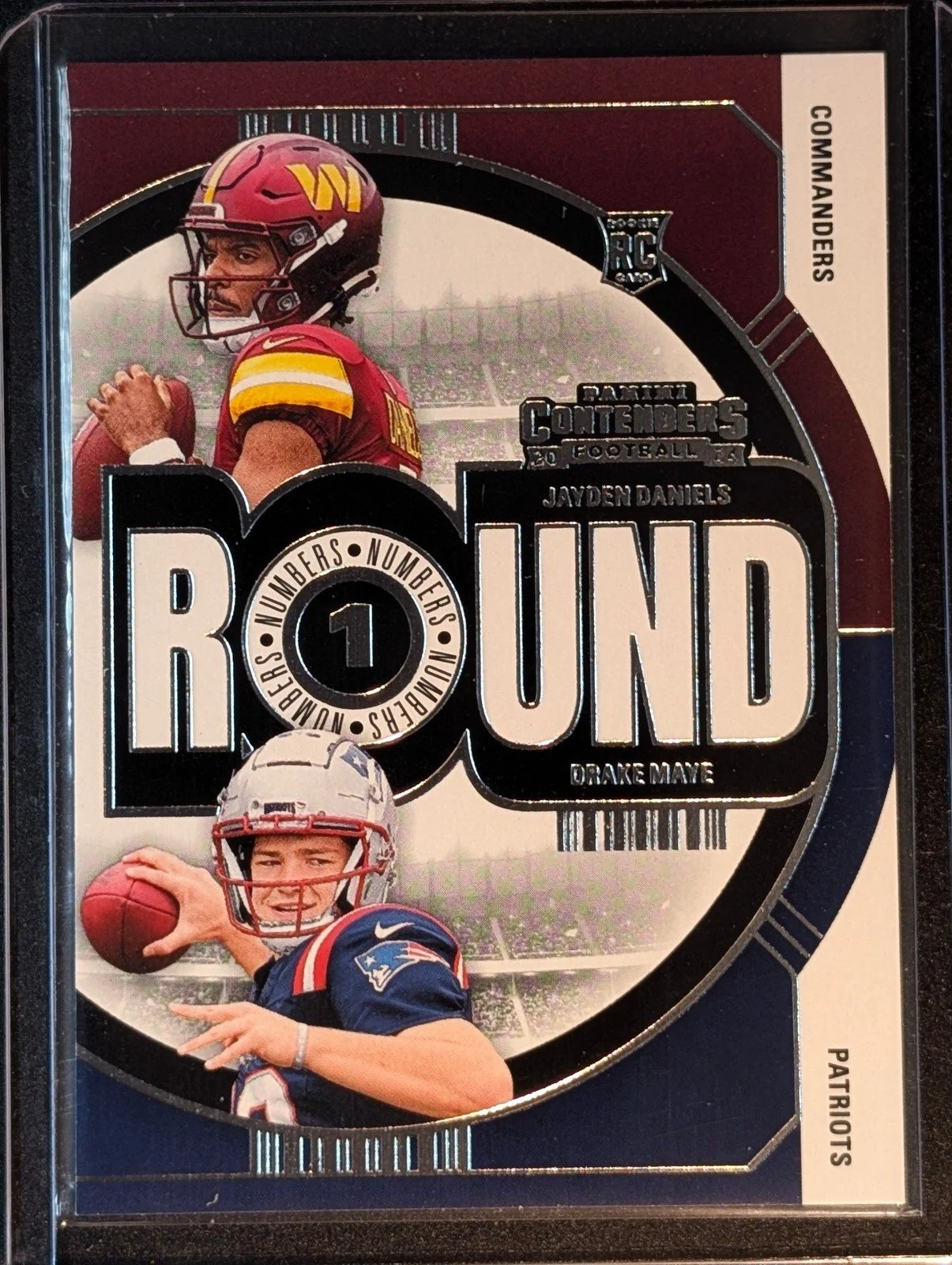 Front of 2024 Panini Contenders #1 Drake Maye / Jayden Daniels Round Numbers