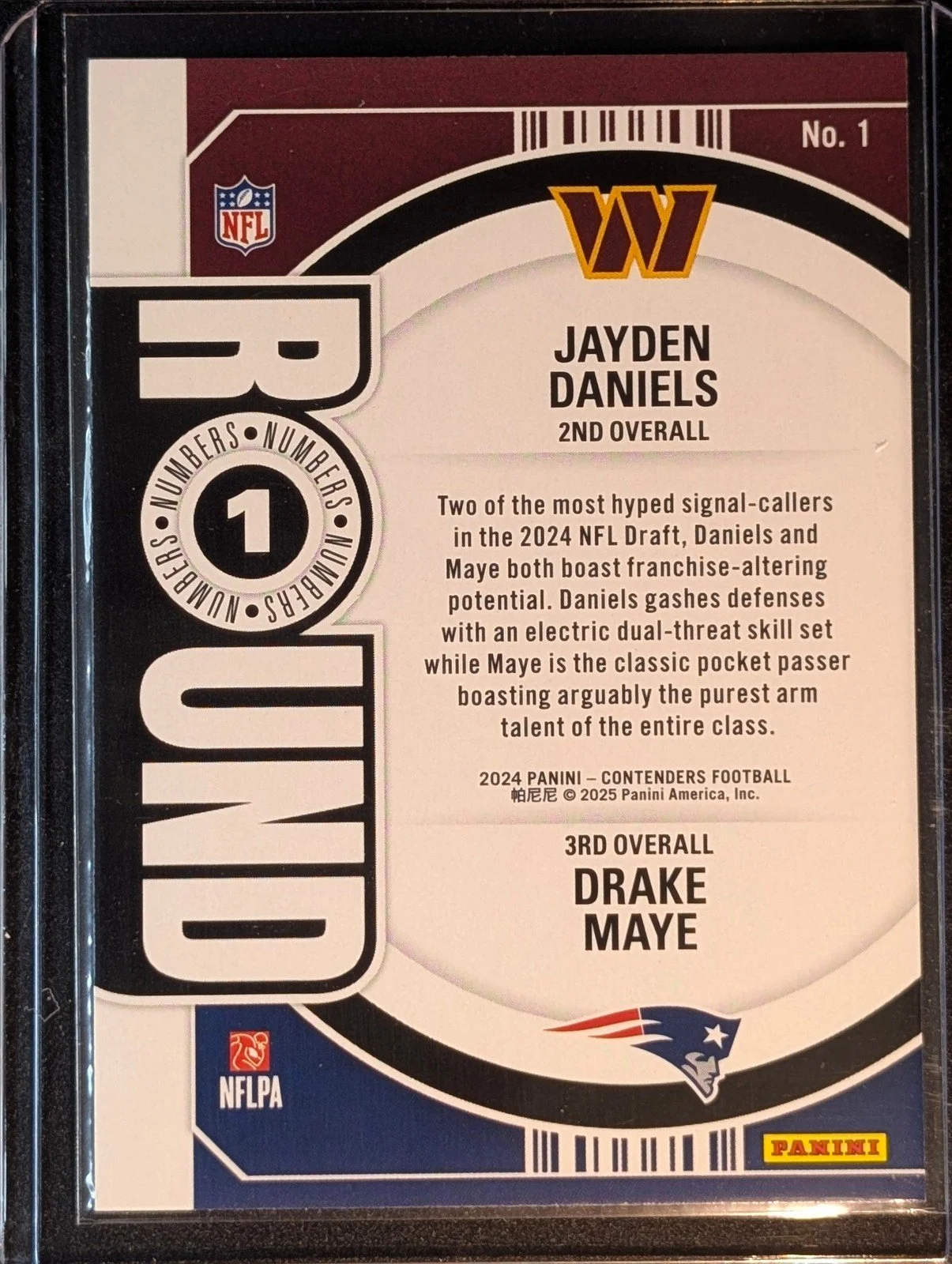 Back of 2024 Panini Contenders #1 Drake Maye / Jayden Daniels Round Numbers