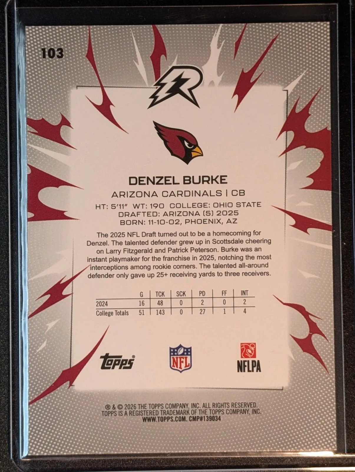 Back of 2025 Topps Resurgence #103 Denzel Burke Blue & Orange Spark Refractor