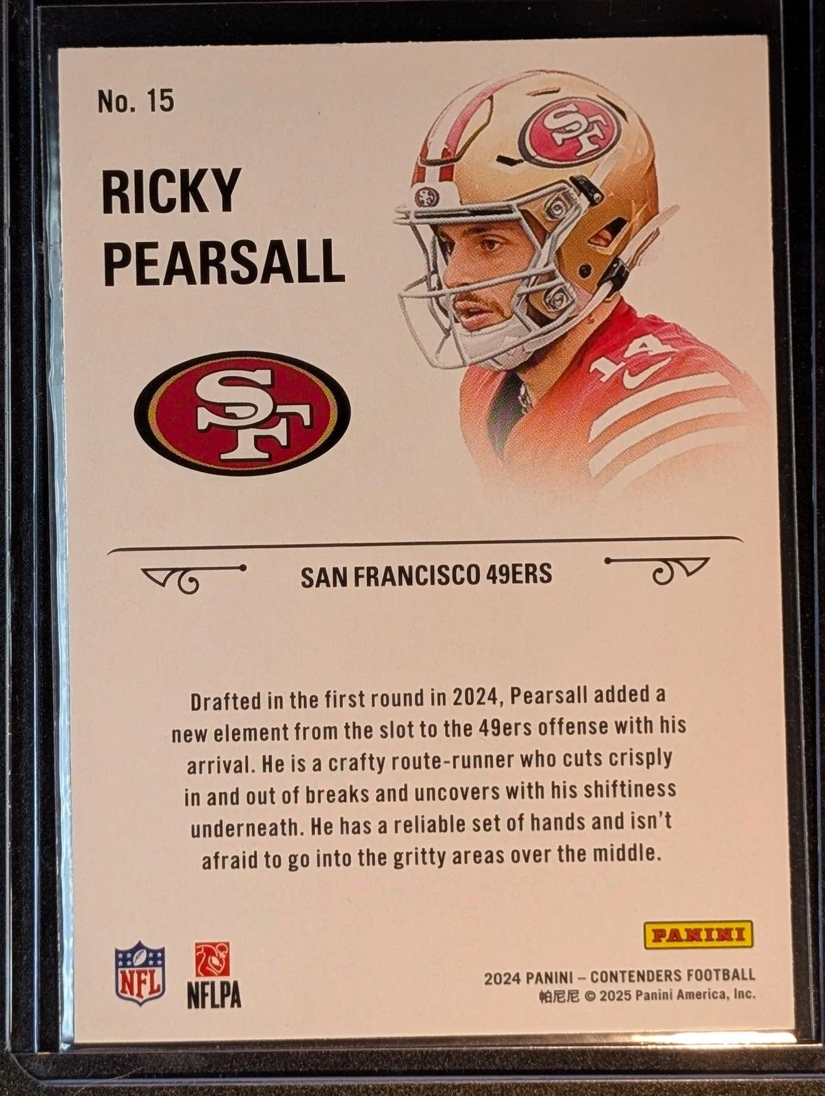 Back of 2024 Panini Contenders #15 Ricky Pearsall Rookie Stallions Red