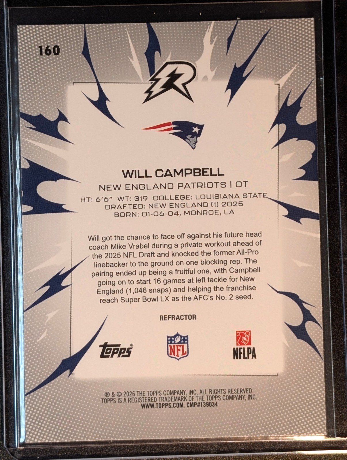Back of 2025 Topps Resurgence #160 Will Campbell Refractor Rookie