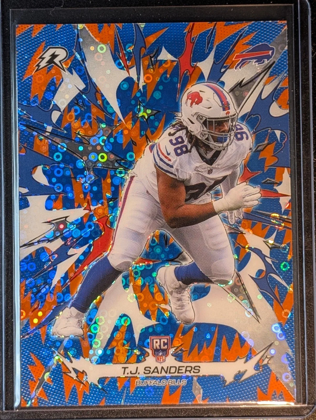 Front of 2025 Topps Resurgence #110 T.J. Sanders Blue & Orange Spark Refractor