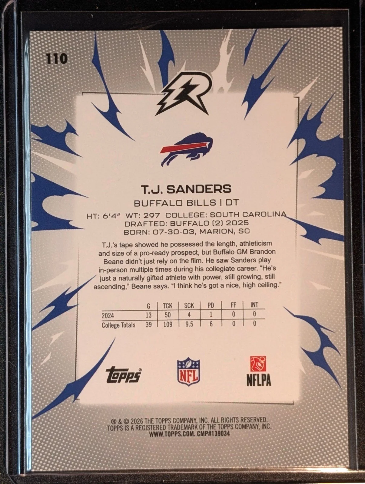 Back of 2025 Topps Resurgence #110 T.J. Sanders Blue & Orange Spark Refractor