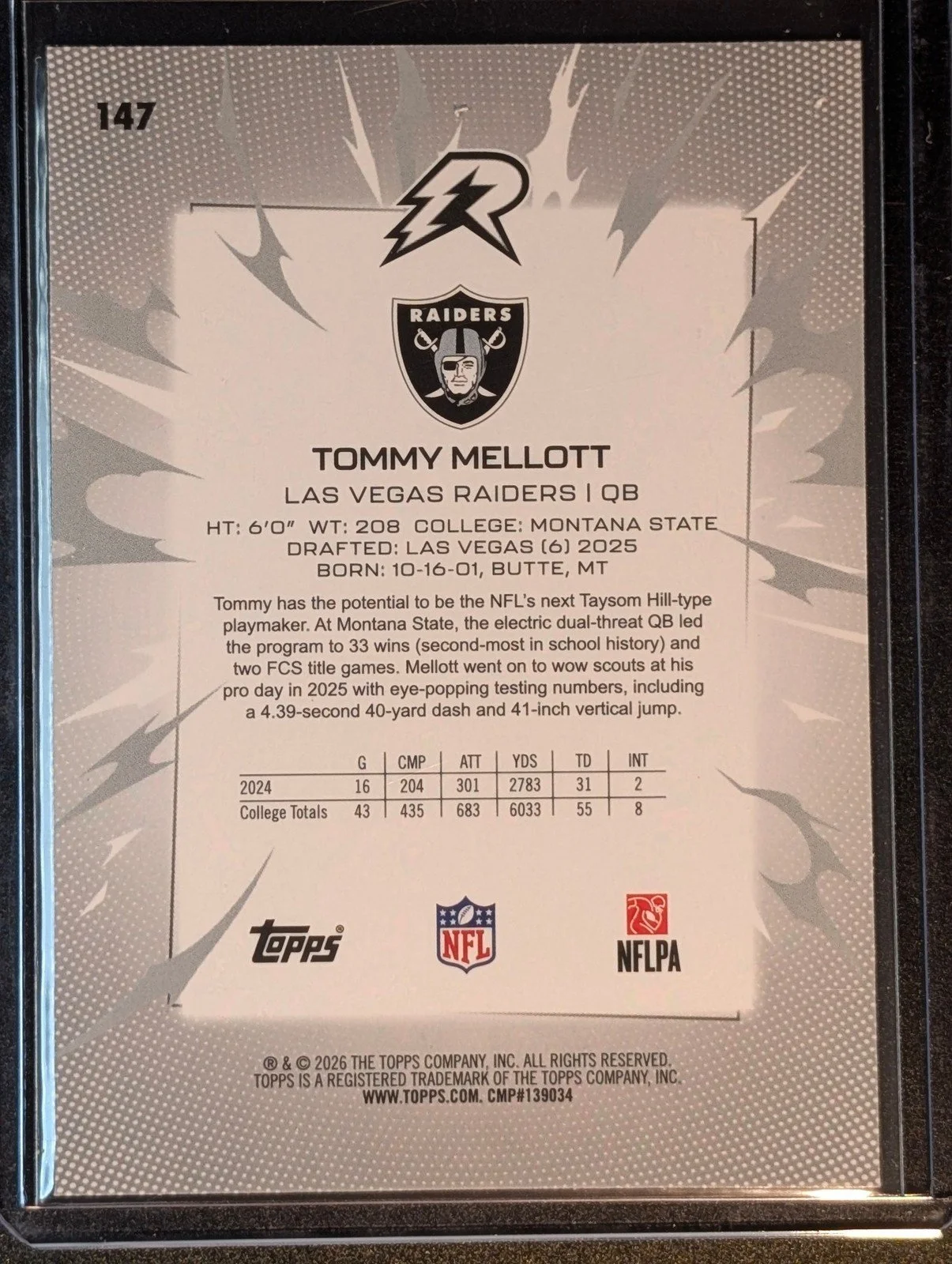 Back of 2025 Topps Resurgence #147 Tommy Mellott Rookie