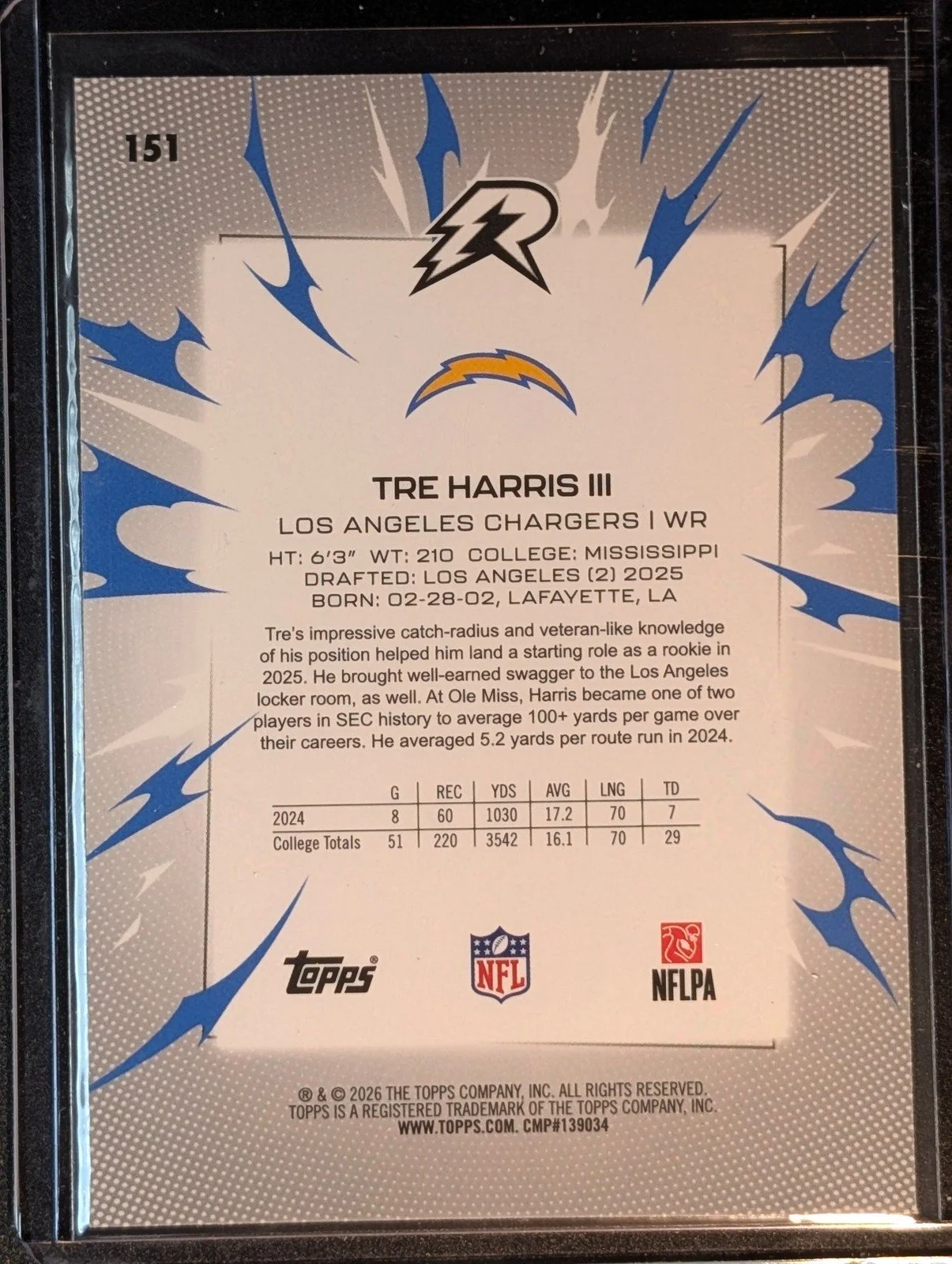 Back of 2025 Topps Resurgence #151 Tre Harris III Rookie