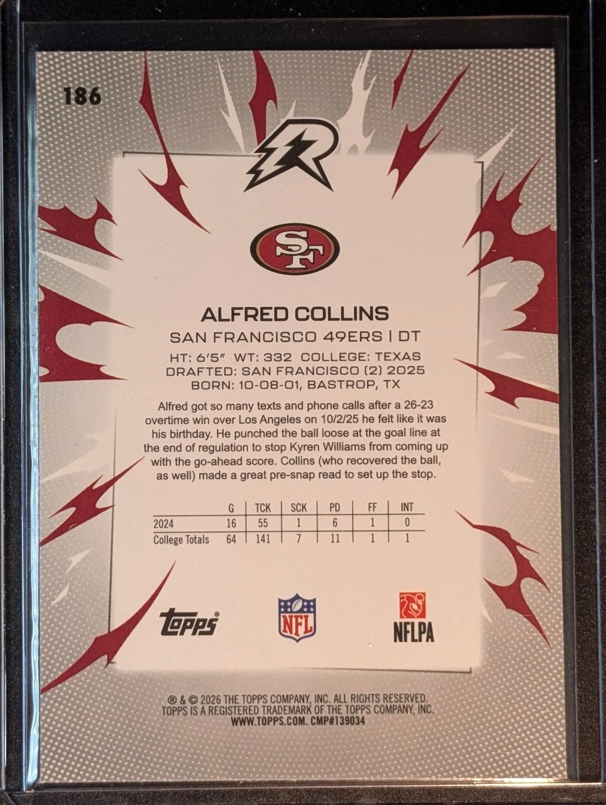 Back of 2025 Topps Resurgence #186 Alfred Collins