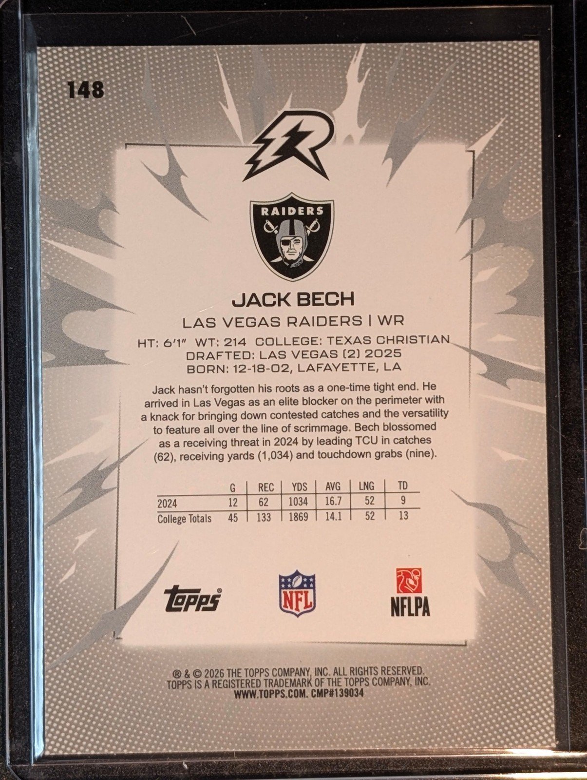 Back of 2025 Topps Resurgence #148 Jack Bech Rookie