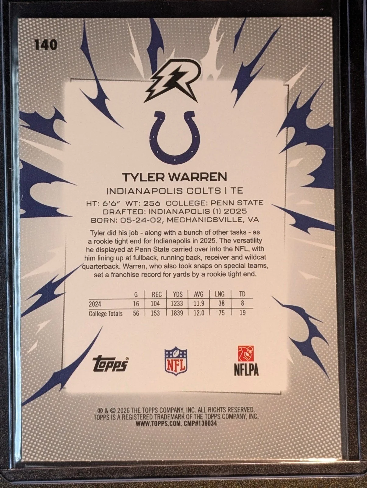 Back of 2025 Topps Resurgence #140 Tyler Warren
