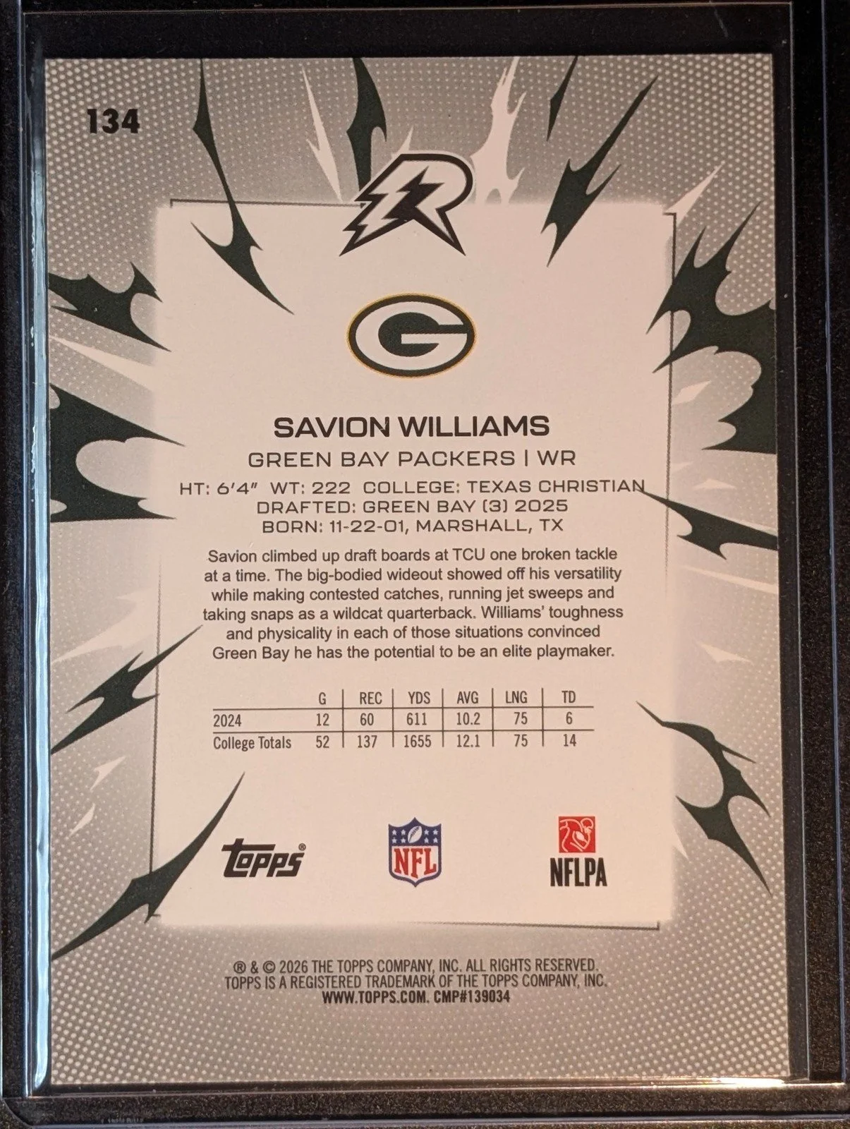 Back of 2025 Topps Resurgence #134 Savion Williams