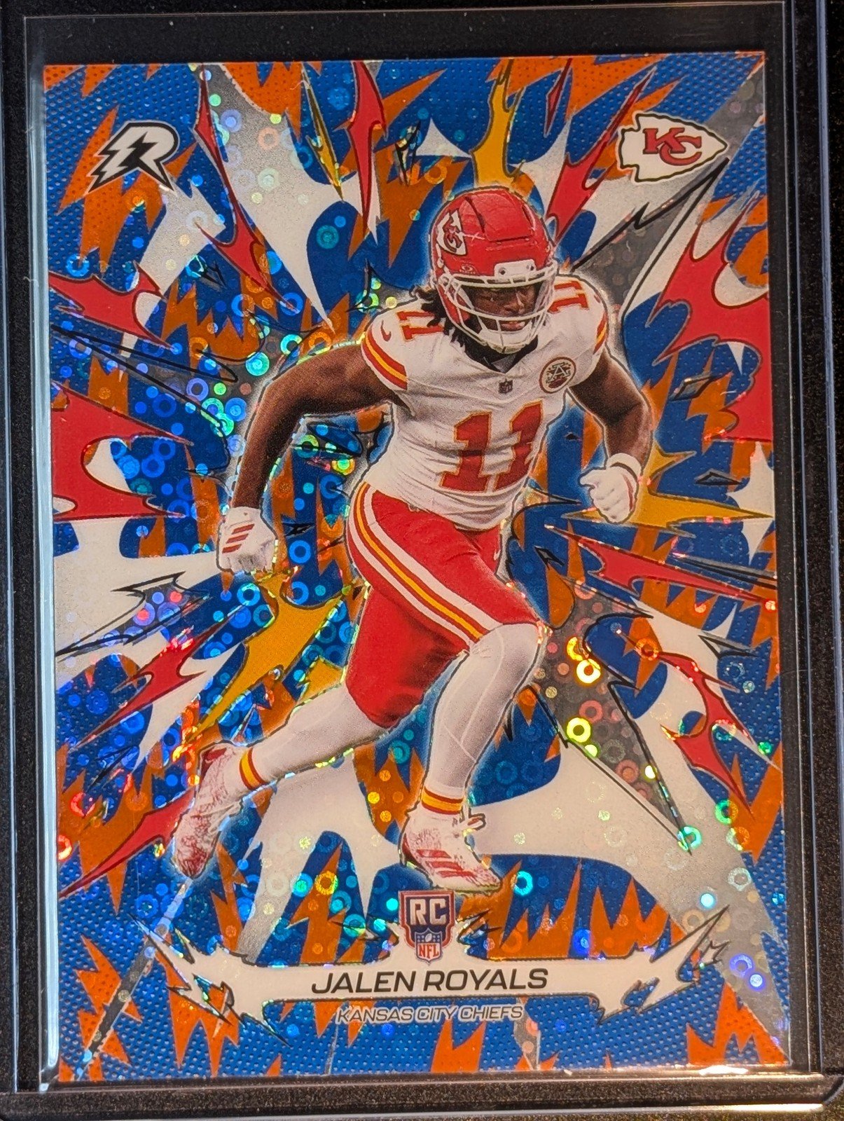 Front of 2025 Topps Resurgence #144 Jalen Royals Blue & Orange Spark Refractor
