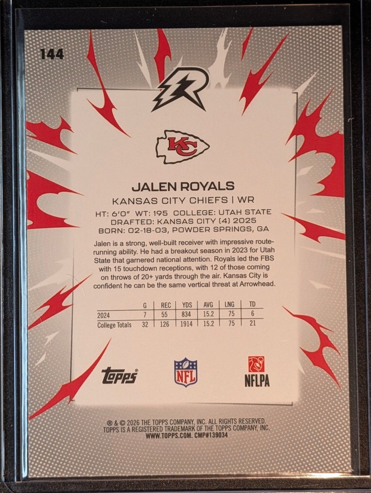 Back of 2025 Topps Resurgence #144 Jalen Royals Blue & Orange Spark Refractor
