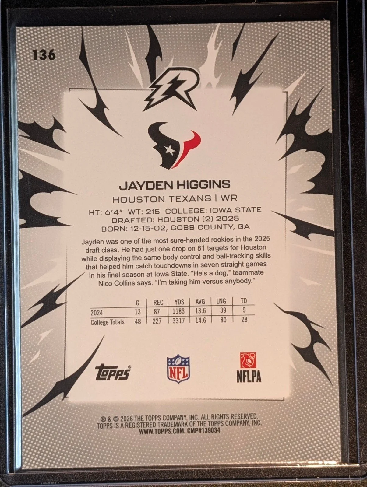 Back of 2025 Topps Resurgence #136 Jayden Higgins Blue & Orange Spark Refractor