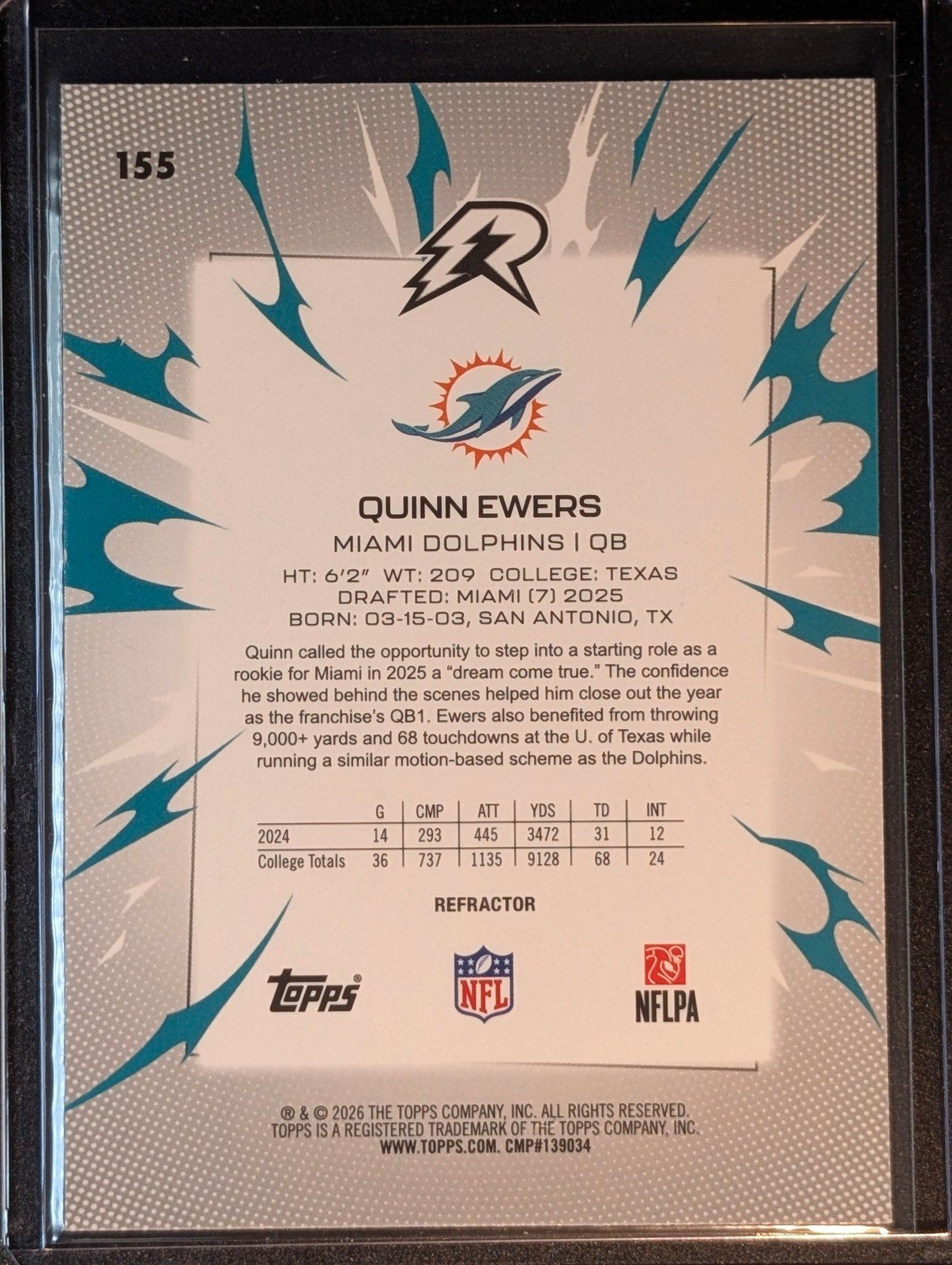 Back of 2025 Topps Resurgence #155 Quinn Ewers Refractor