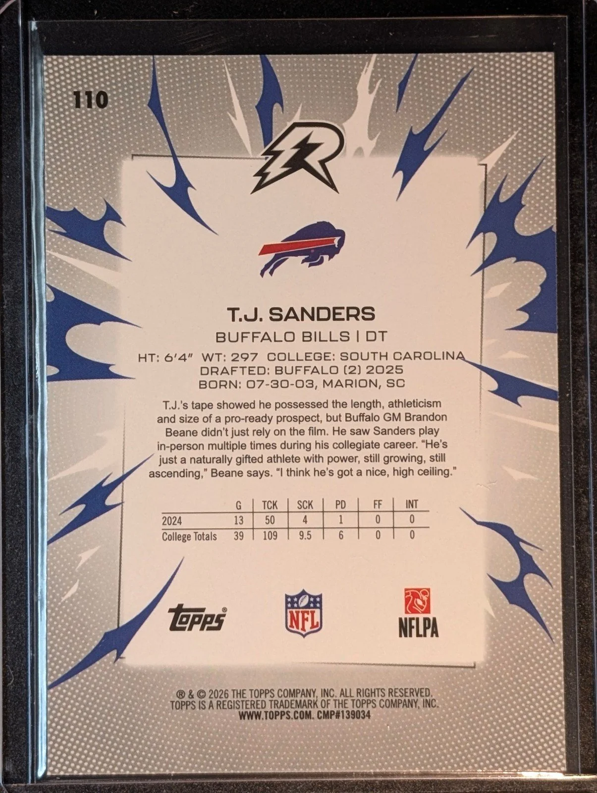 Back of 2025 Topps Resurgence #110 T.J. Sanders