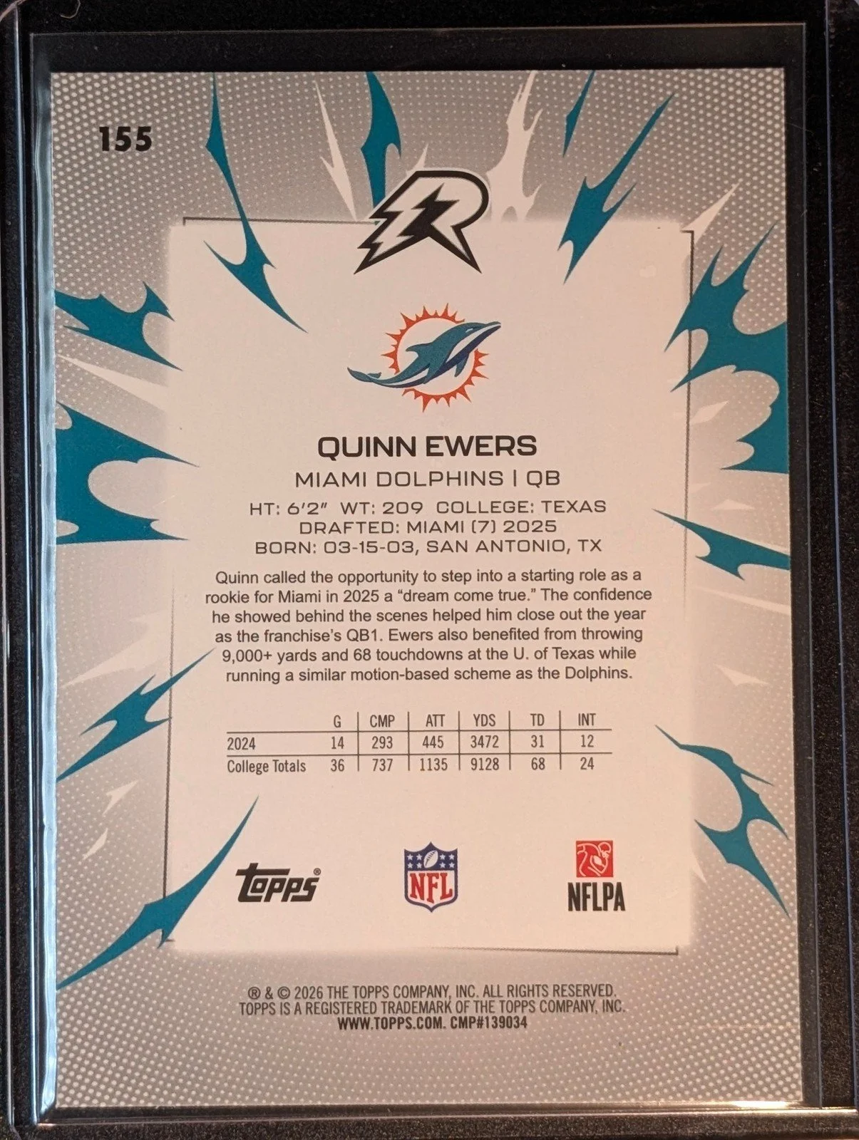 Back of 2025 Topps Resurgence #155 Quinn Ewers