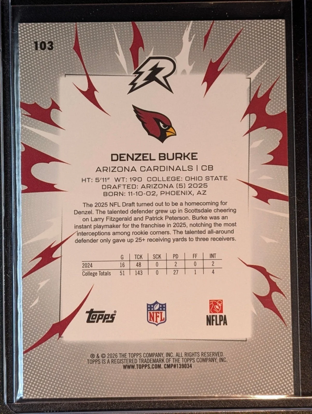 Back of 2025 Topps Resurgence #103 Denzel Burke