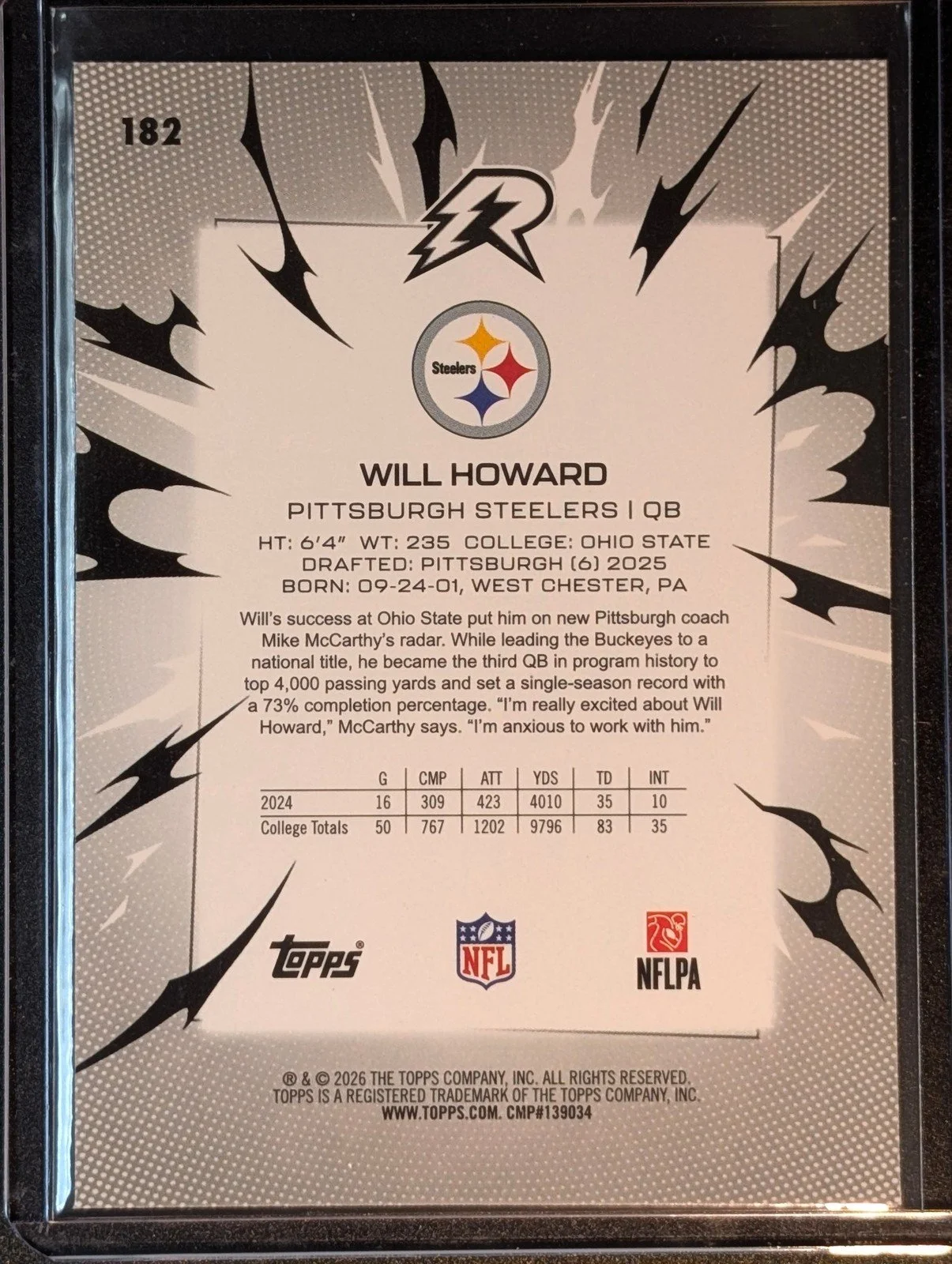 Back of 2025 Topps Resurgence #182 Will Howard Rookie