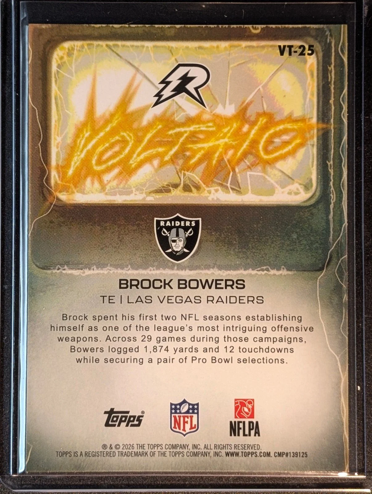 Back of 2025 Topps Resurgence #VT-25 Brock Bowers Voltaic