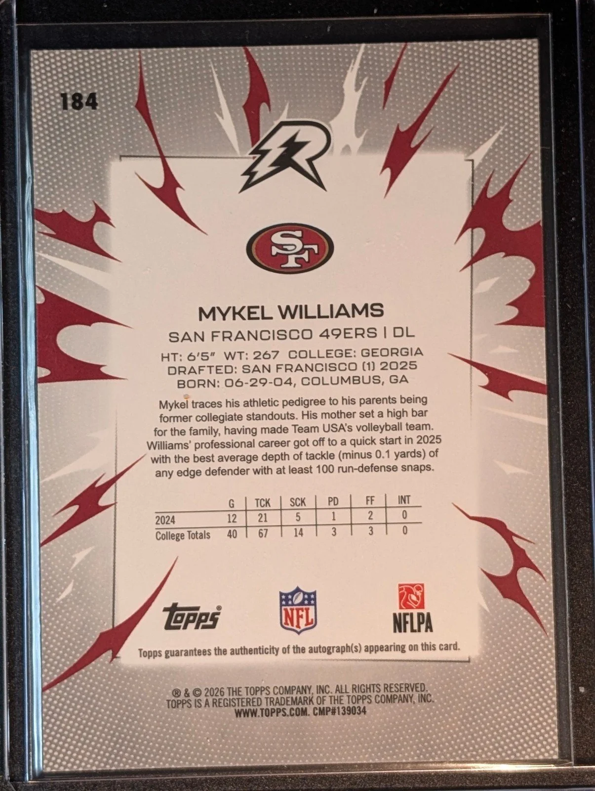 Back of 2025 Topps Resurgence #184 Mykel Williams Signatures