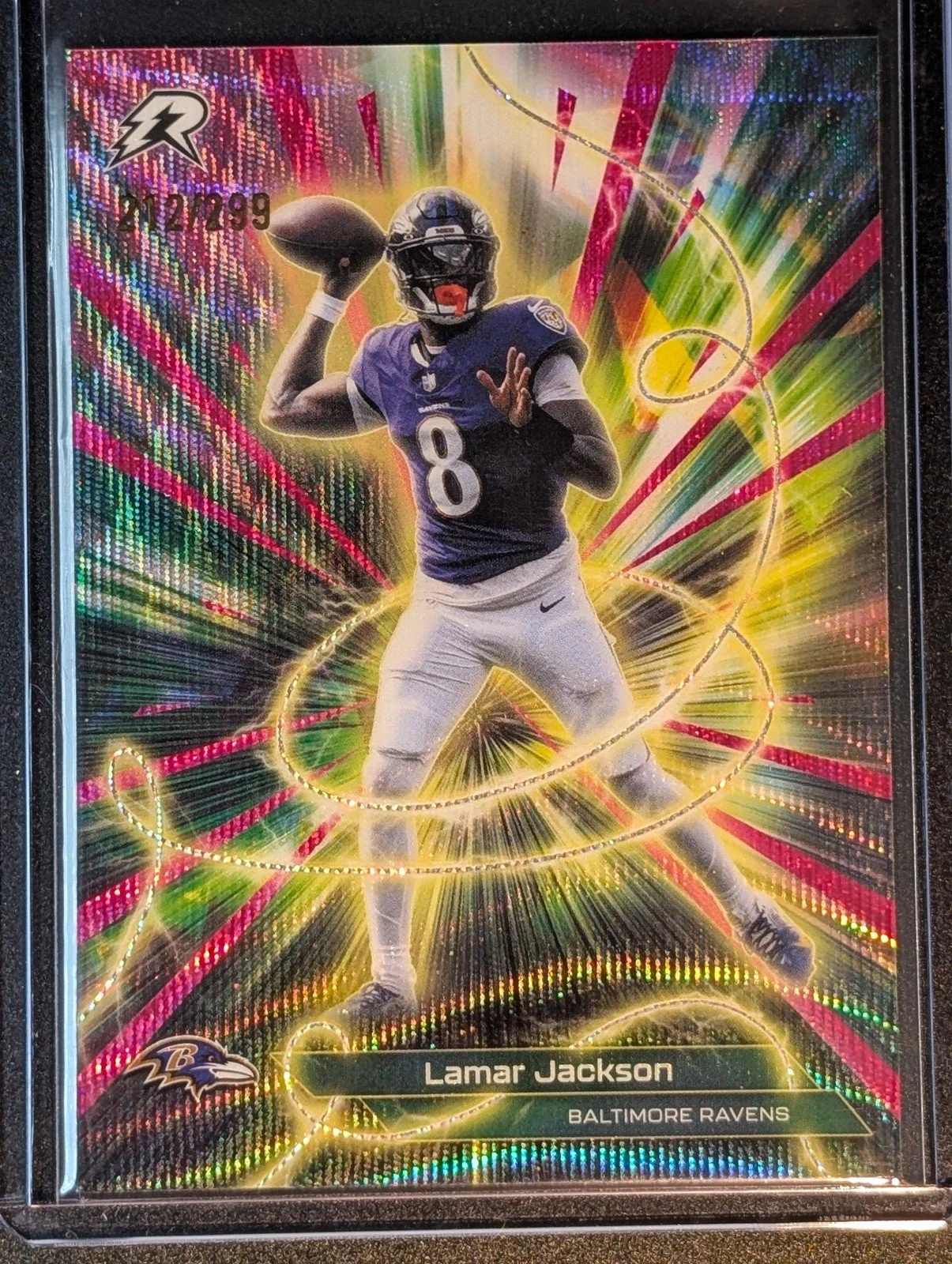 Front of 2025 Topps Resurgence #C-6 Lamar Jackson Magenta Surge Refractor #/299