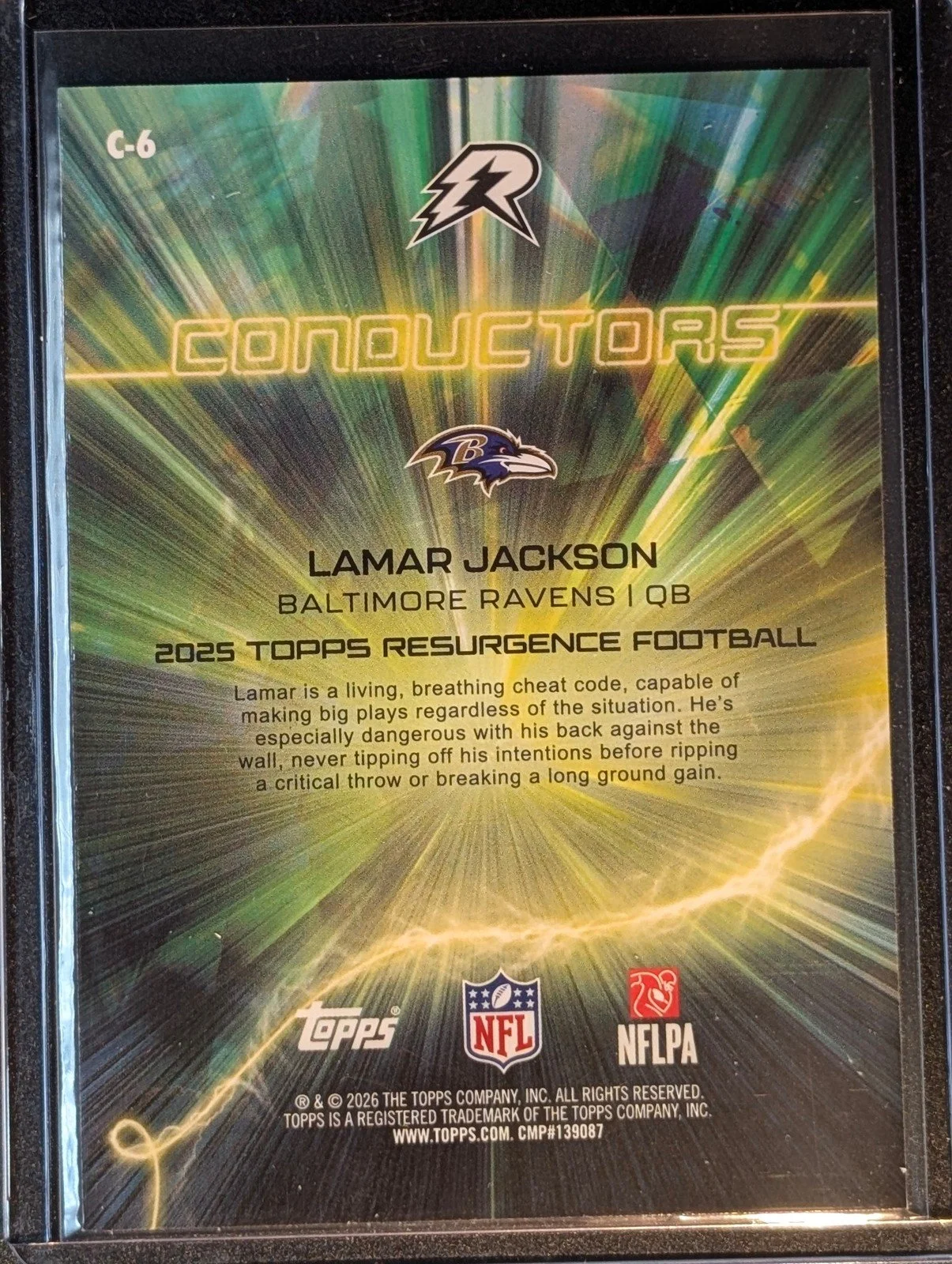 Back of 2025 Topps Resurgence #C-6 Lamar Jackson Magenta Surge Refractor #/299